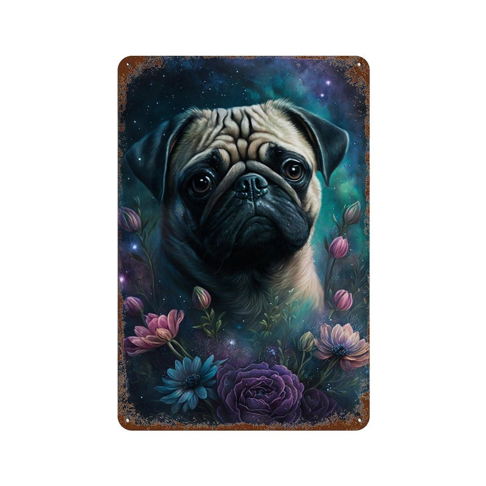 Garage Style Galactic Pug with Flowers -1 Decorative Tin Sign 11.8"x7.9", Novelty Wall Decor for Bar And Workshop