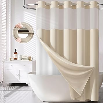 BTTN Ringless Shower Curtain Set, Linen Textured Fabric Shower Curtain with Snap-in Liner, Waterproof & Washable, Modern Hotel Shower Curtain for Bathroom with Mesh Top Window, 72x75, Beige/Cream