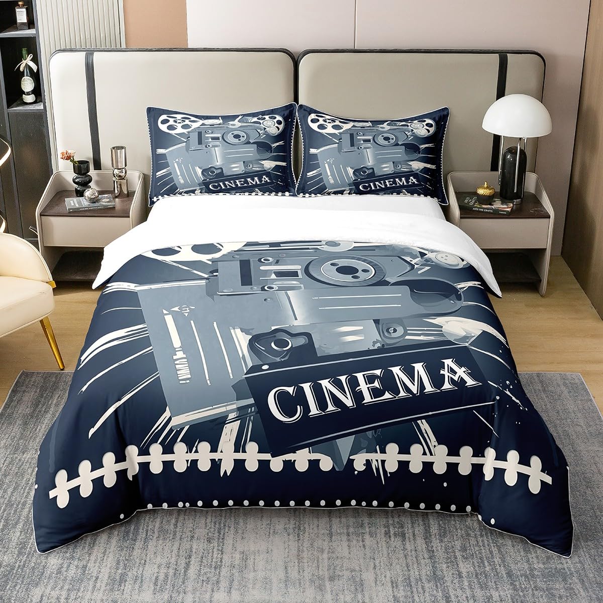 Homewish Coton Style de Cinéma Vintage Housse de Couette 140x200,Billets de Cinéma Maison pour Hommes et Femmes Parure de Lit,Thème de Film Noir Couvre Lit,Ensemble de Literie Artistique