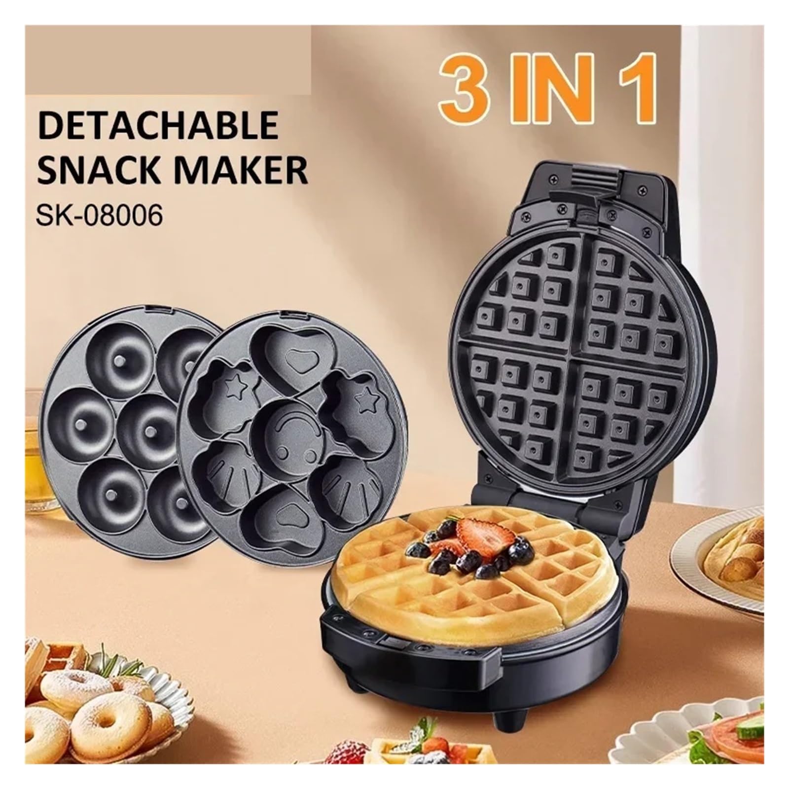 Máquina De Desayuno 3 En 1 For Hacer Donas, Plato For Pasteles Con Dibujos Animados Y Waflera Placas Antiadherentes Extraíbles Calentamiento Uniforme Y RáPido