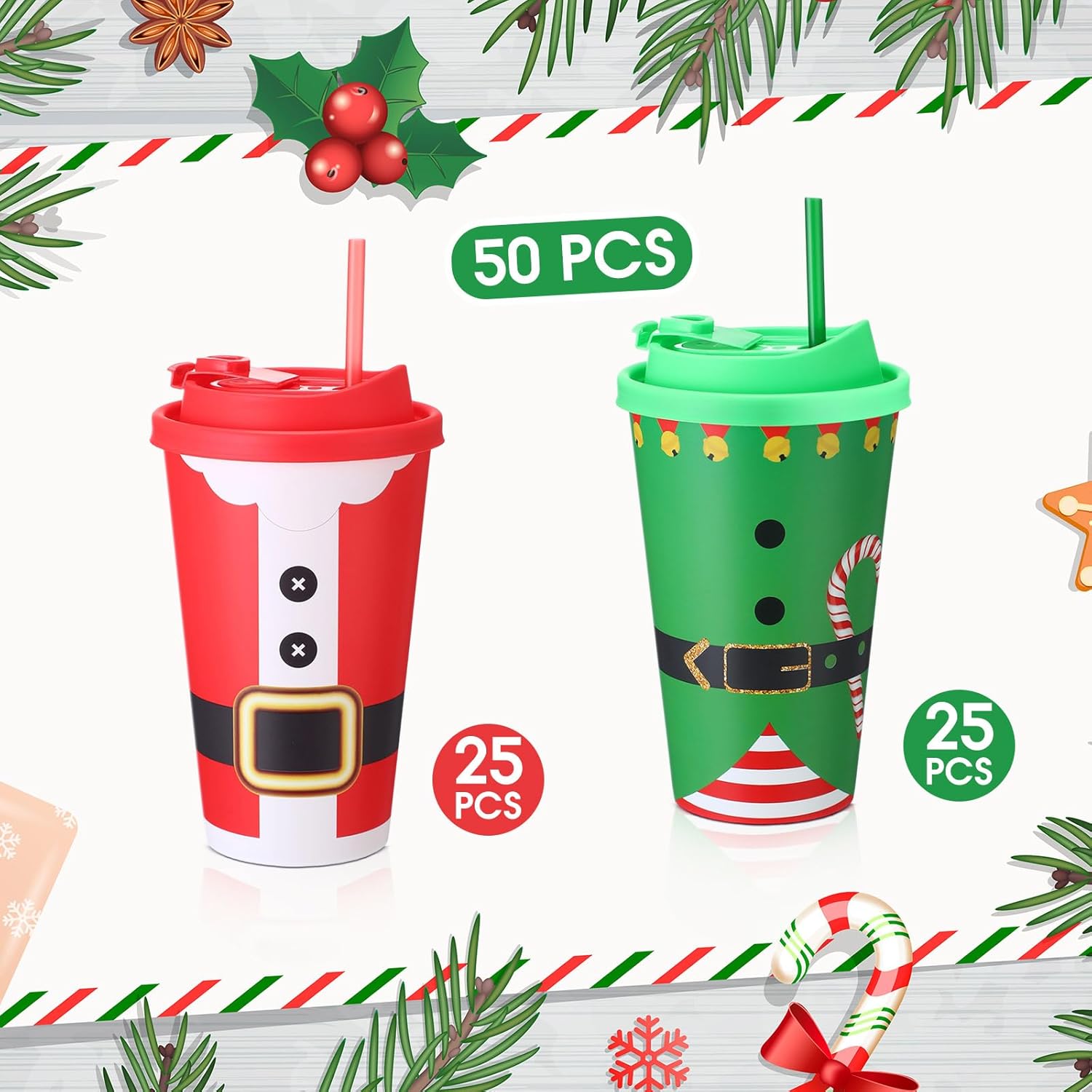 50 Pcs 16 oz Christmas Cups with Lids and Straws, Christmas Party Favors Supplies, Santa Elf Belt Pattern Plastic Christmass Party Cups for Xmas Winter Holiday White Elephant Party Decorations