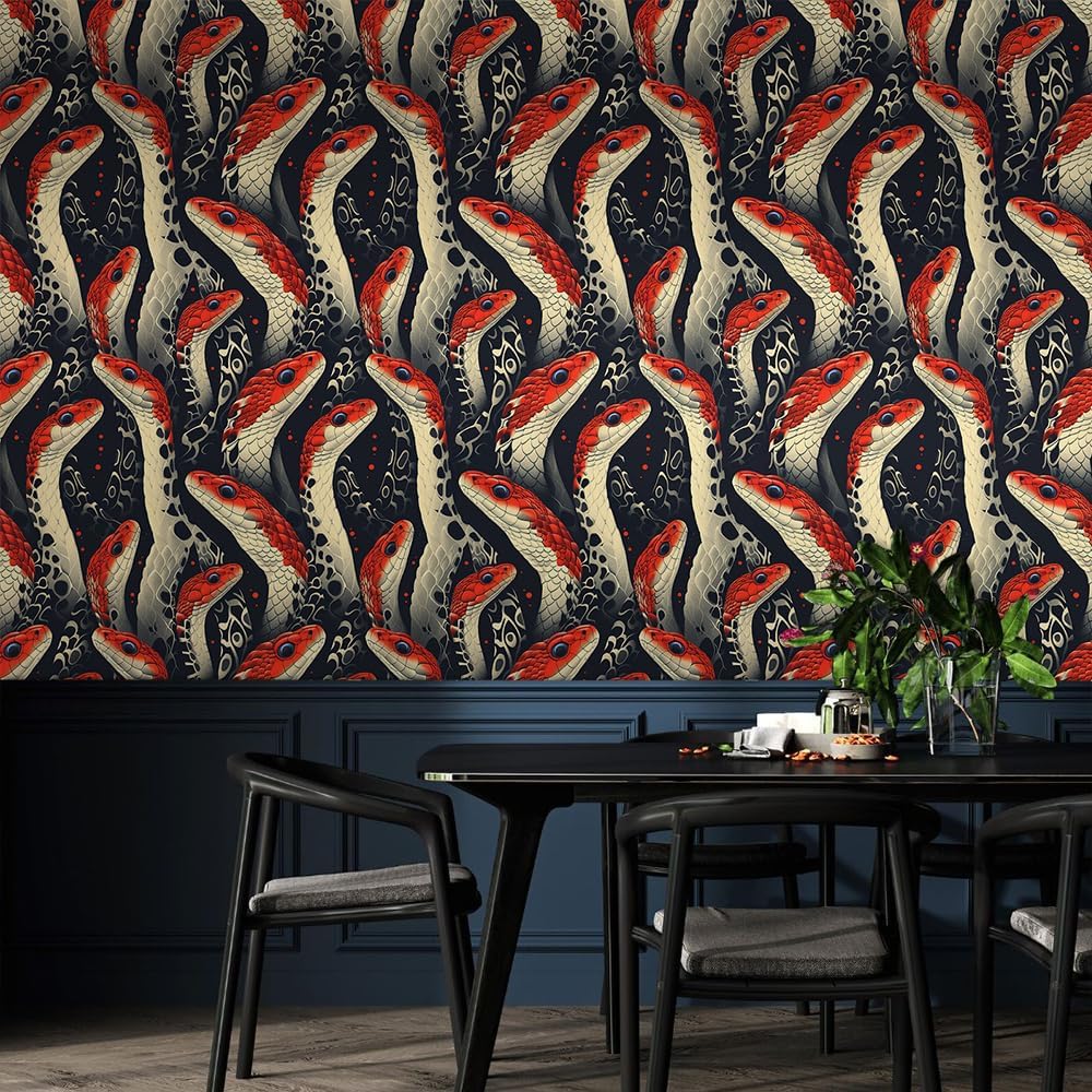 18"x236" Gothic Black Red Snake Peel and Stick Wallpaper Easy Peel Off Contact Paper Vintage Vinyl Self Adhesive Removable Stick on Wall Paper for Kitchen Cabinet Renter Friendly