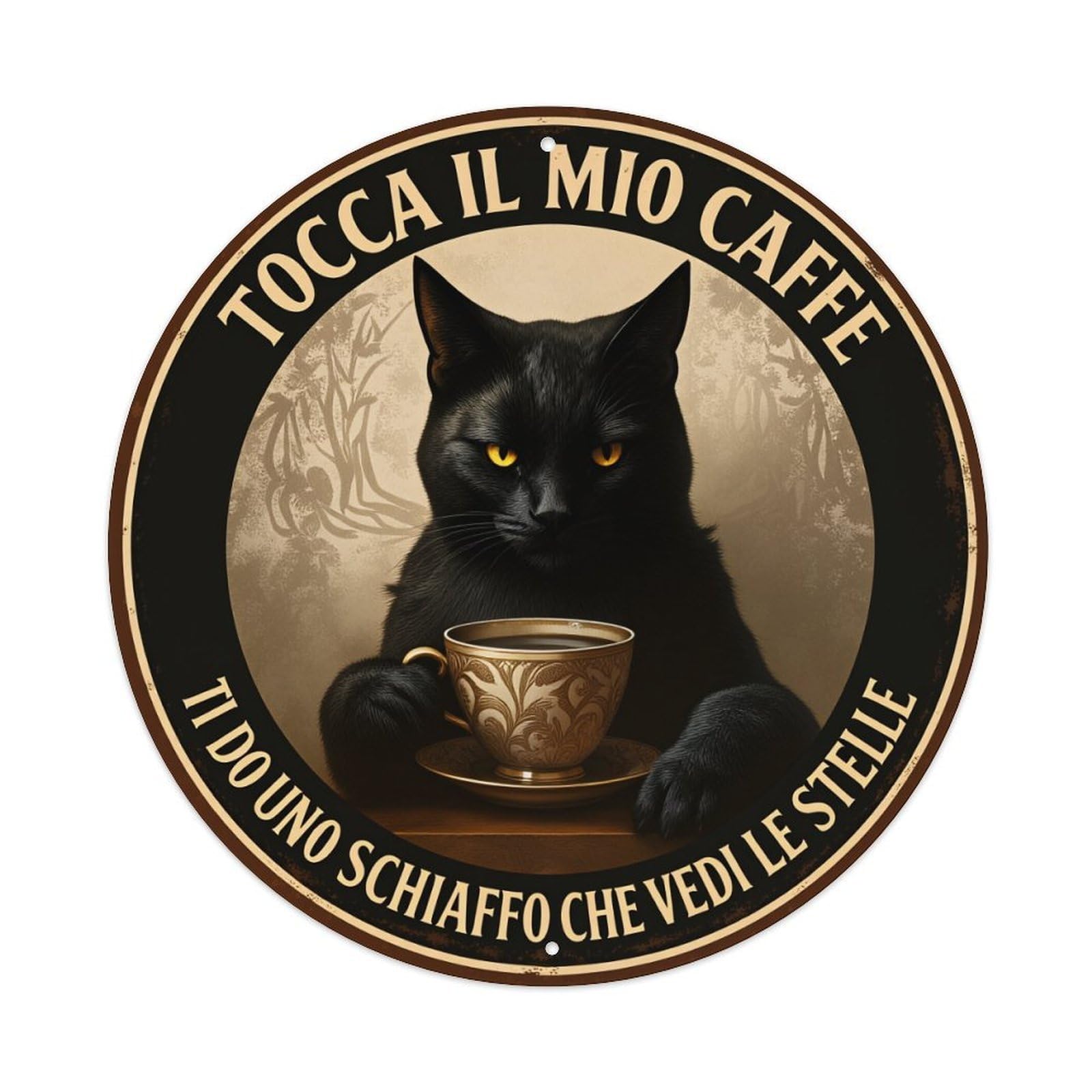 Lzwbntey Vintage Black Cat Coffee Warning Sign Metal Tin Sign Retro Wall Decor For Home Bar Garage Cafe, Indoor & Outdoor Decorative，Circle Metal Poster, 8X8 Inch