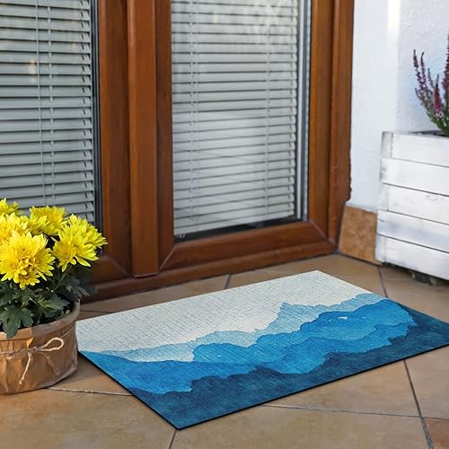 Miniatura 6 de Tapete geométrico para puerta, 17 x 30 pulgadas, diseño de montañas azules, tapete decorativo para el hogar, parte trasera de goma antideslizante y
