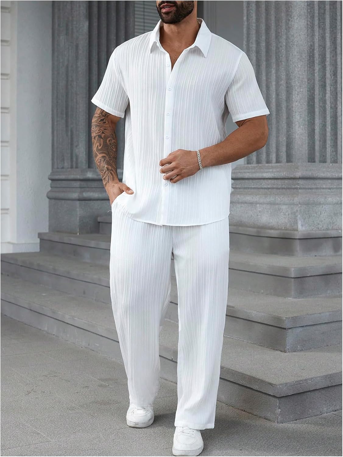 Men's 2 Piece Outfits Big and Tall Short Sleeve Button Down Shirt and Casual Loose Pant Sets - Image 6