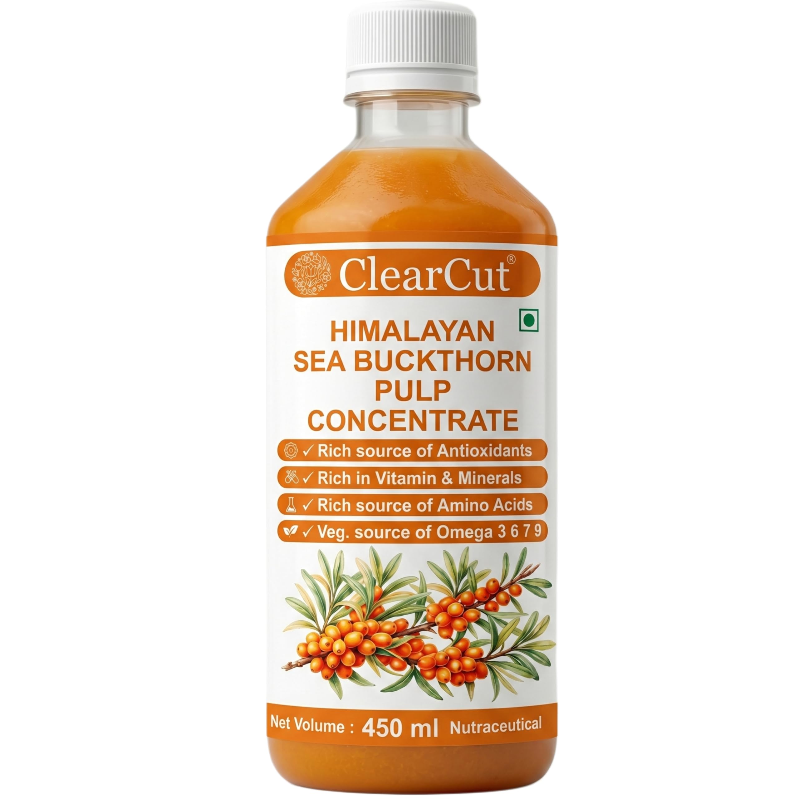 ClearCut Sea Buckthorn Juice Pulp concentrate | cold pressed | Vitamin C, Omega 3 6 7 9, Antioxidants | Immunity, Skin Glow, Gut & Heart | 450 ml-image-38
