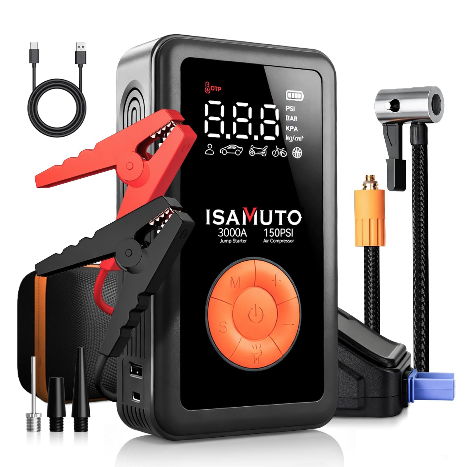 Arrancador de Coche con Compresor de Aire 150 PSI, 3000A Booster Batería 12V, Inflador Portátil con Pantalla LCD, Power Bank 12000mAh para Coche Moto