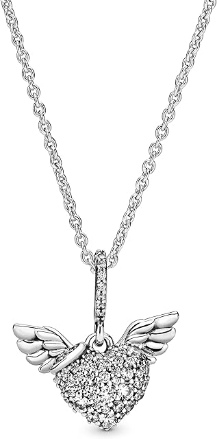 Pandora Moments Women's Sterling Silver Pavé Heart and Angel Wings Cubic Zirconia Pendant Necklace, 45cm