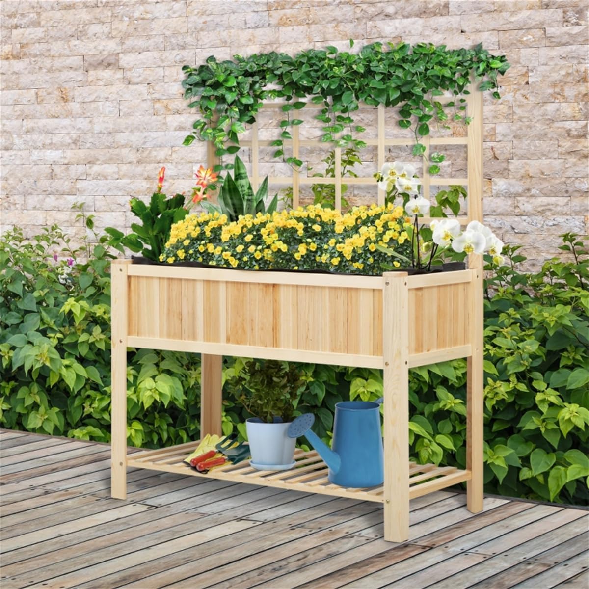 Sturdy Wooden Raised Garden Bed for Outdoor Planting – Natural Fir Wood Planter Box with Dual-Tier Design and Breathable Liner