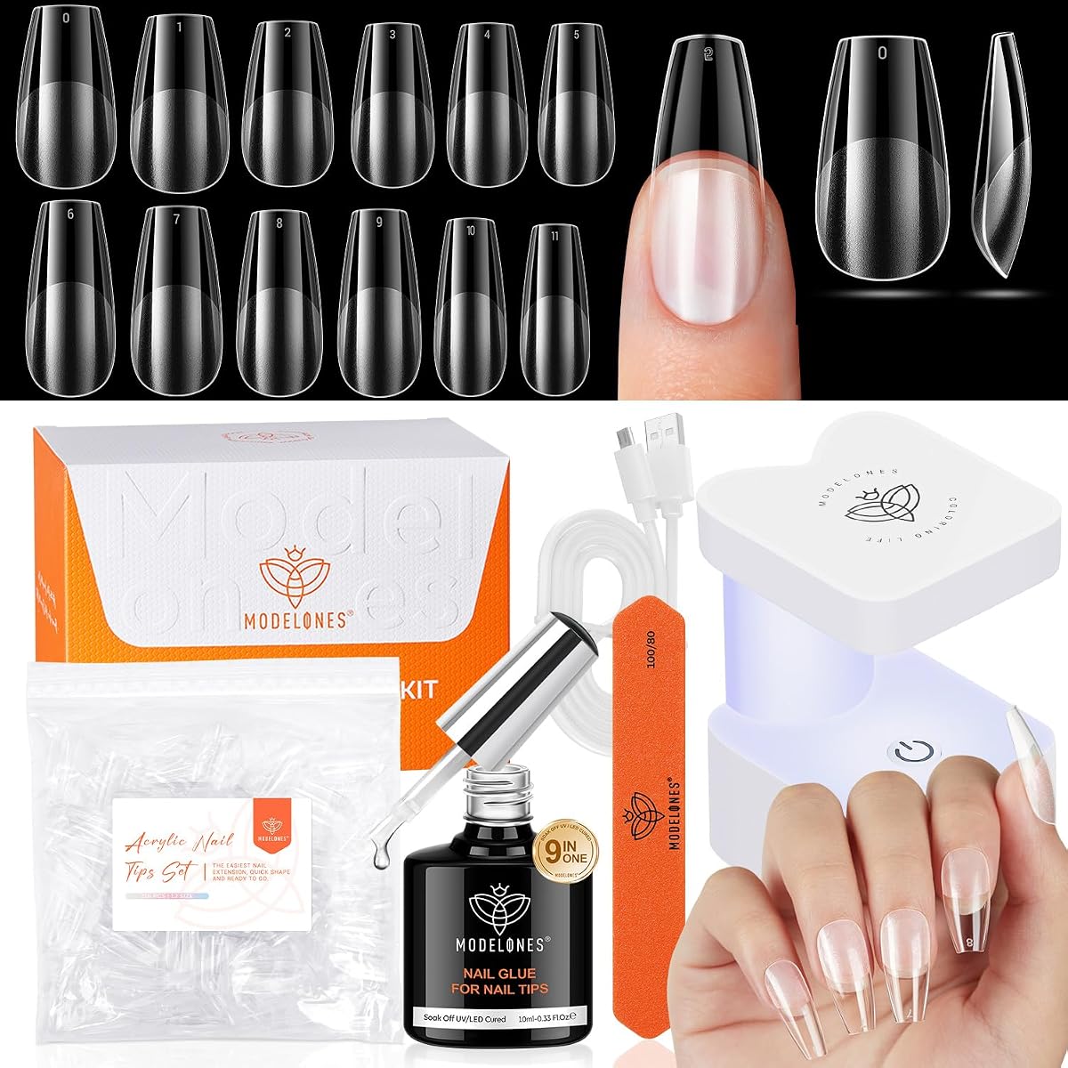 modelones X Nail Gel Kit Ataúd Mediano, Pegamento de Uñas 9 en Uno Luz UV | 216 Uds. Kit de extensión de acrílico falso pregrabado de 12 tamaños para regalo de salón DIY