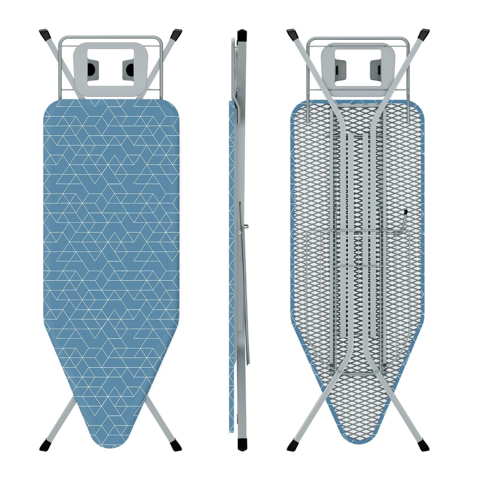 Ironing Board 120 x 45cm,Stable Folding Board, Anti-Closing System, Adjustable Height, with 100% Cotton Cover,Built-in Iron Stand,Non-Slip Feet (Geometric Blue)