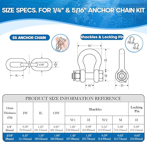 Miniatura 2 de hannger 316 Stainless Steel Anchor Chain, Marine Grade Boat Anchor Chain Kit, Heavy-Duty 14" or 516" Anchor Lead Chain w 2 Pcs Anti-Off Double