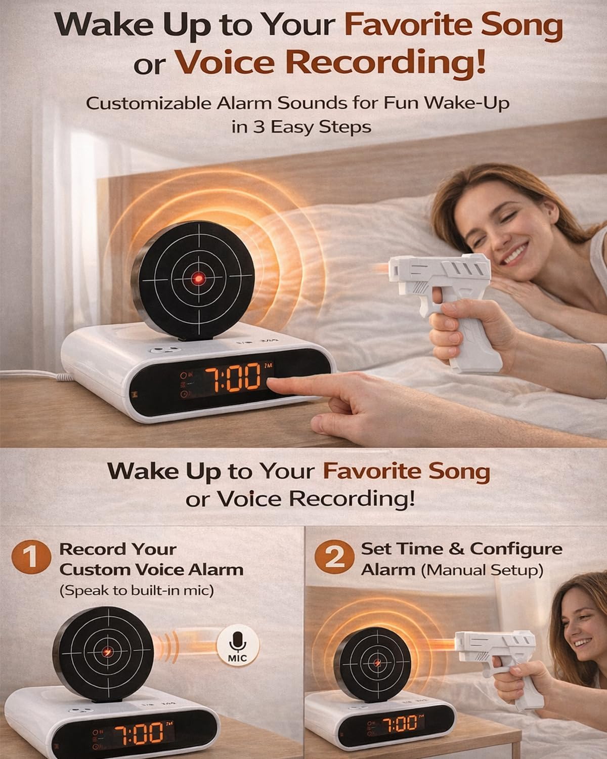 Gun and Target Alarm Clock, Digital LED Shooting Game Wake up Timer, Interactive Infrared Display, Custom Sound 2 Modes Desk Bedroom Office with Handheld Emitter 5v Fun Mornings(White)