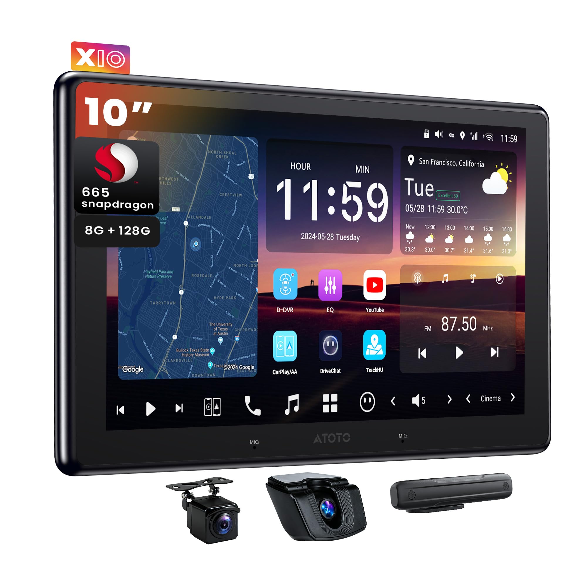 X10 10" QLED Android Car Stereo with 1080P Front + Rear Dash Cameras