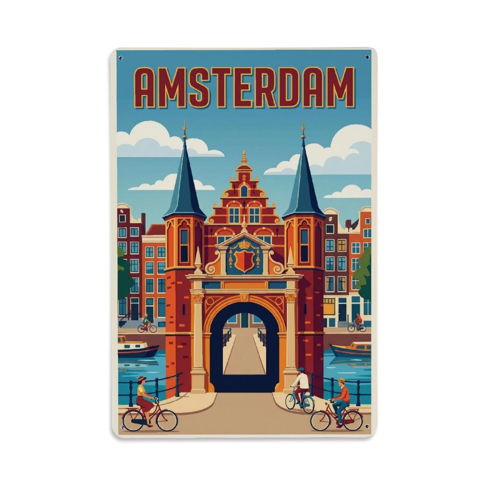 Okngb Style Amsterdam Gateway Archway Landmark Vintage Travel Dutch Metal Tin Sign Plaque Wall Decor For Cafe, Man Cave, Club Bar, Office, Home Garden Round Metal Poster 8X12inch