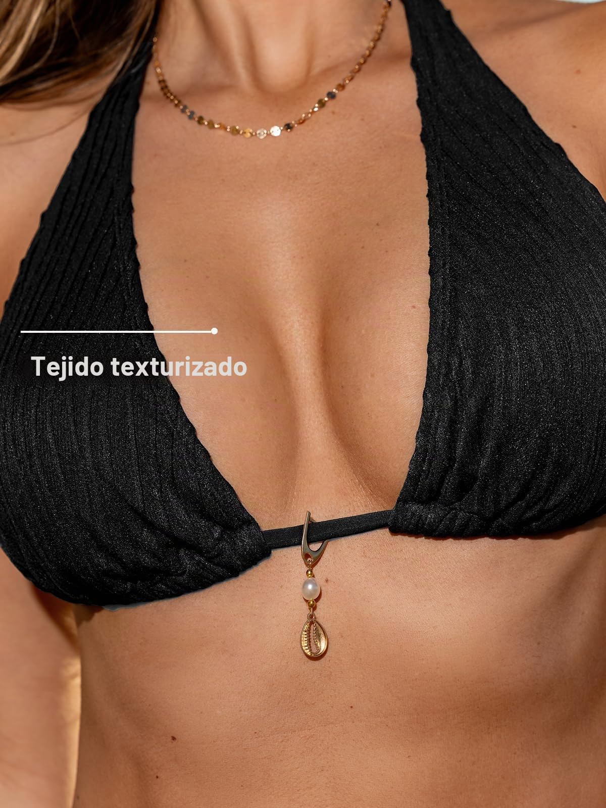 CUPSHE Conjunto de bikini para mujer, traje de baño de dos piezas, cuello profundo, parte inferior descarada, tiro bajo, tirantes y lazo lateral
