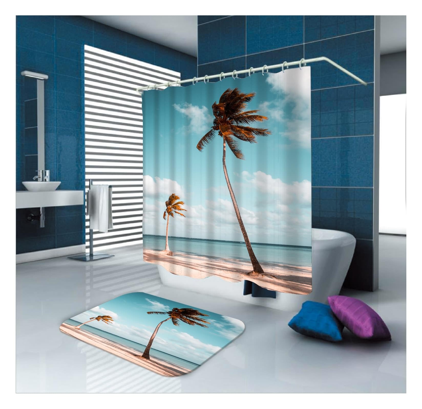Rideau de douche bleu palmier créez une ambiance de plage exotique