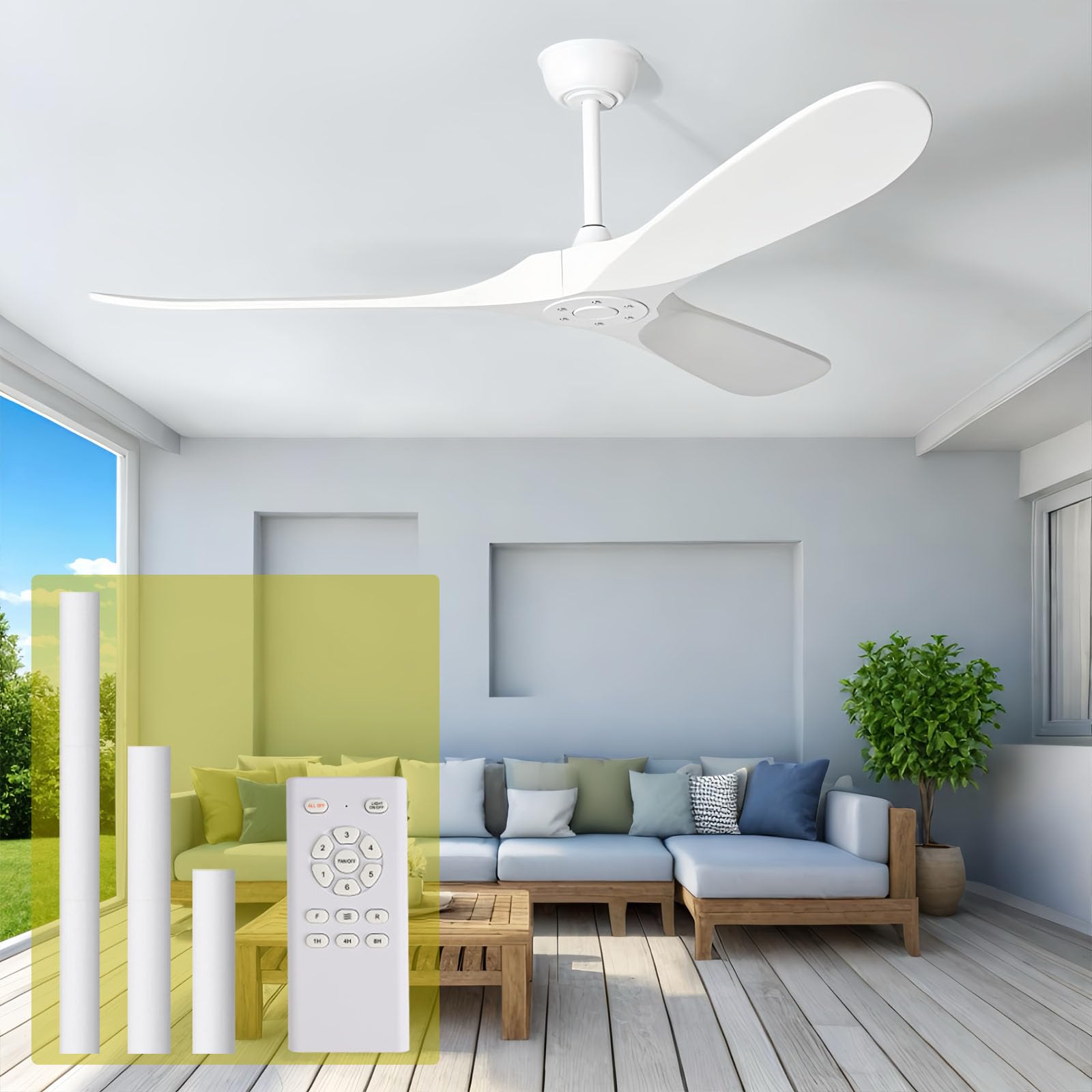 EOPETY 72 Inch White Ceiling Fan No Light ，Wood Outdoor Ceiling Fans for Patios Living Room Garage Kitchen Mid Century Modern Exterior Extra Large