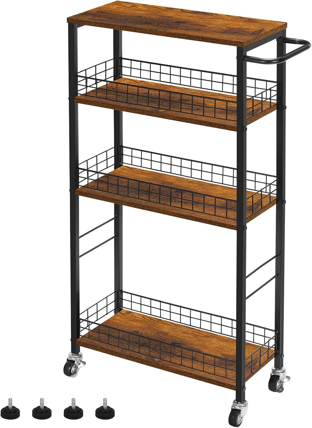 CADUKE Carrito de Almacenamiento Delgado de 4 Niveles, Carrito de Cocina Estrecho con Ruedas, Carrito de Servicio con Mesa de Madera, Unidad de estantería móvil, Organizador de Almacenamiento