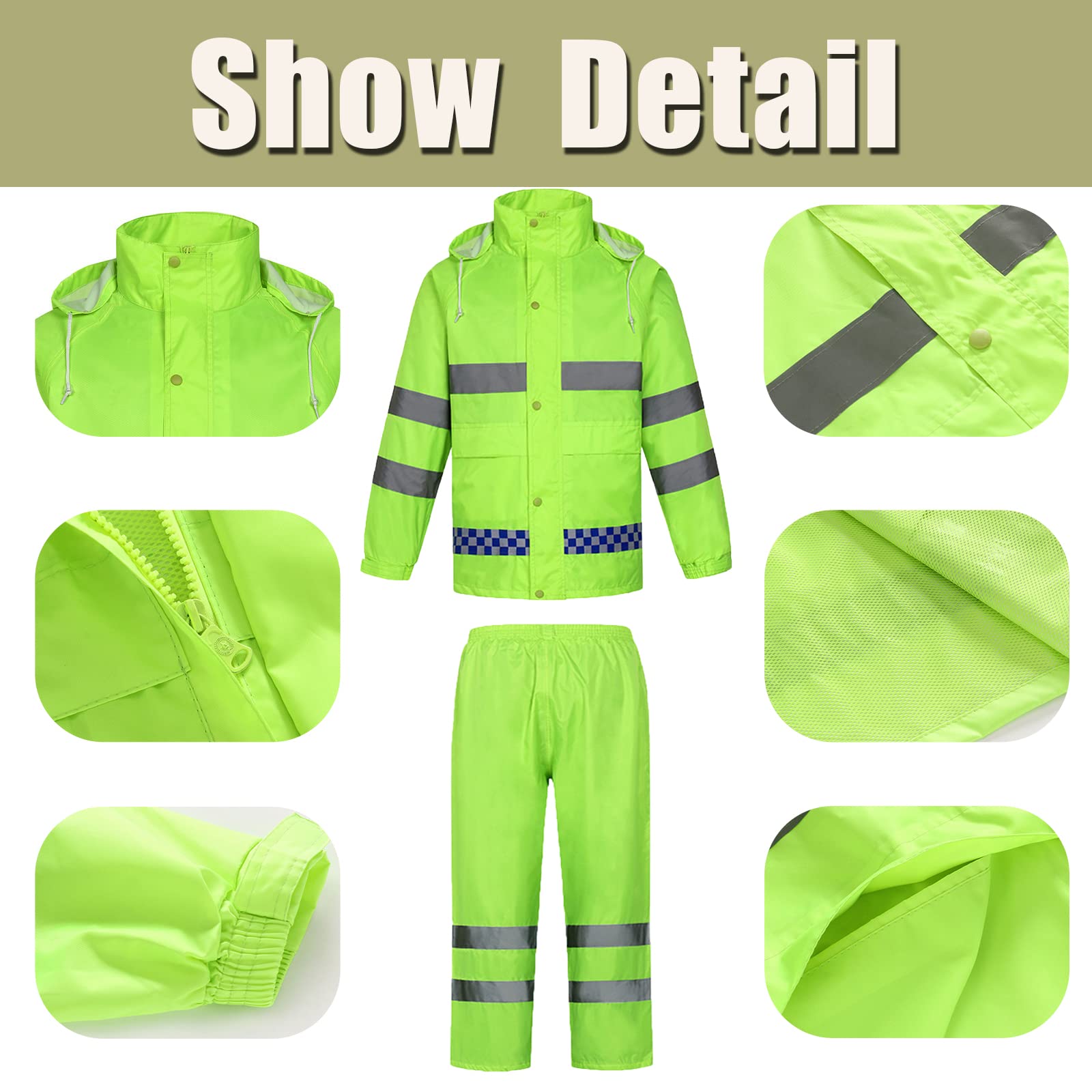 Hombres Traje de Lluvia 2 Piezas Impermeable Conjunto de Chaqueta y Pantalón con Tira Reflectante Segura Chaqueta de Ciclismo con Capucha Impermeable de Adulto Classic