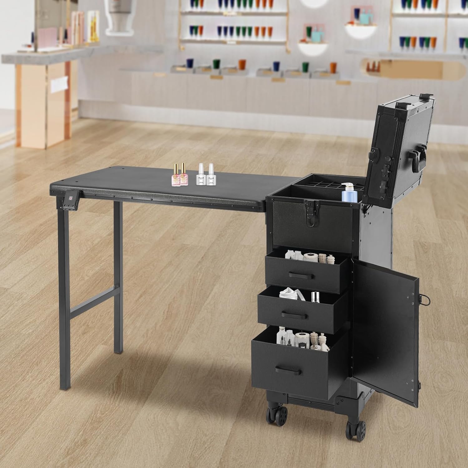 Portable Rolling Manicure Table Lockable Makeup Train Case with Detachable Mirror Mobile Nail Table with 3 Drawers Makeup Train Case for Makeup Workstation Mobile Nail Tech(Black) (Black)