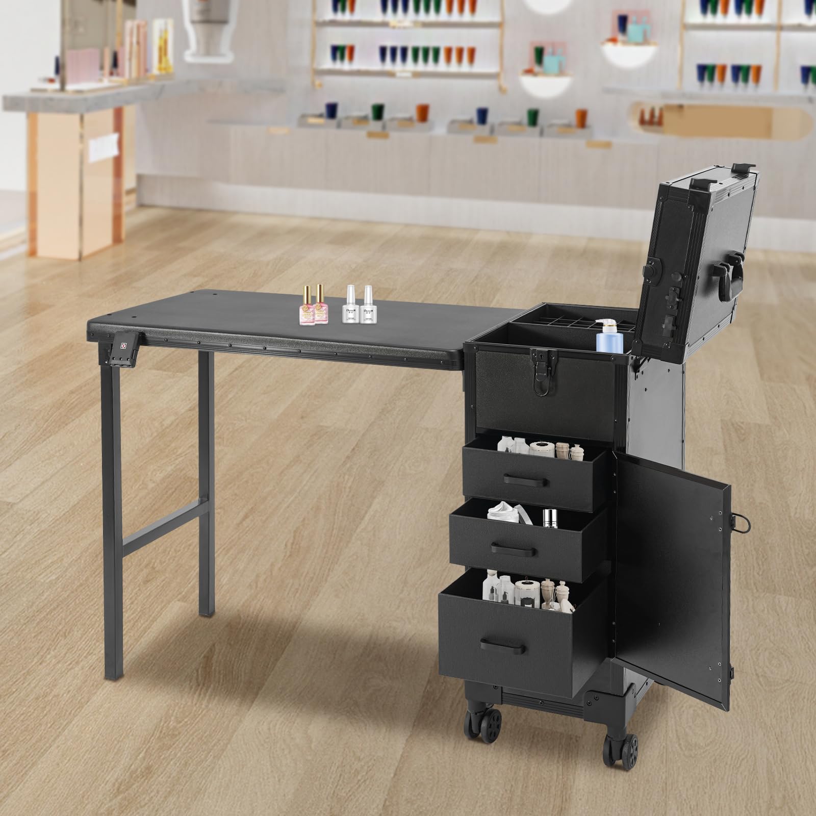 Valigetta cosmetica da donna con specchio e Bluetooth per trucchi e cosmetici, valigetta da parrucchiere con ruote universali e custodia rigida, Nero