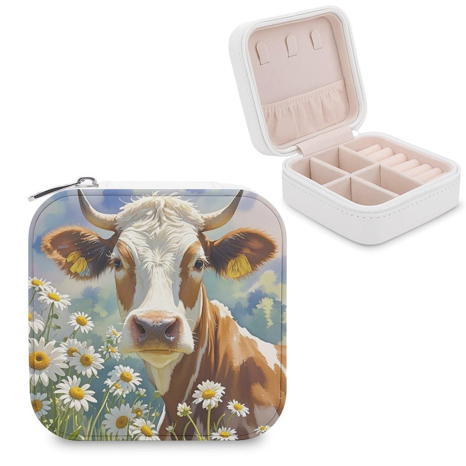 LZQPOEAS Watercolor Cow And Daisy Flower Jewelry Box Mini Jewelry Travel Case Trendy Stuff Ring Box Custom PU Leather Jewelry Boxes Portable Jewelry Case Earring Storage Organizer for Girls Women