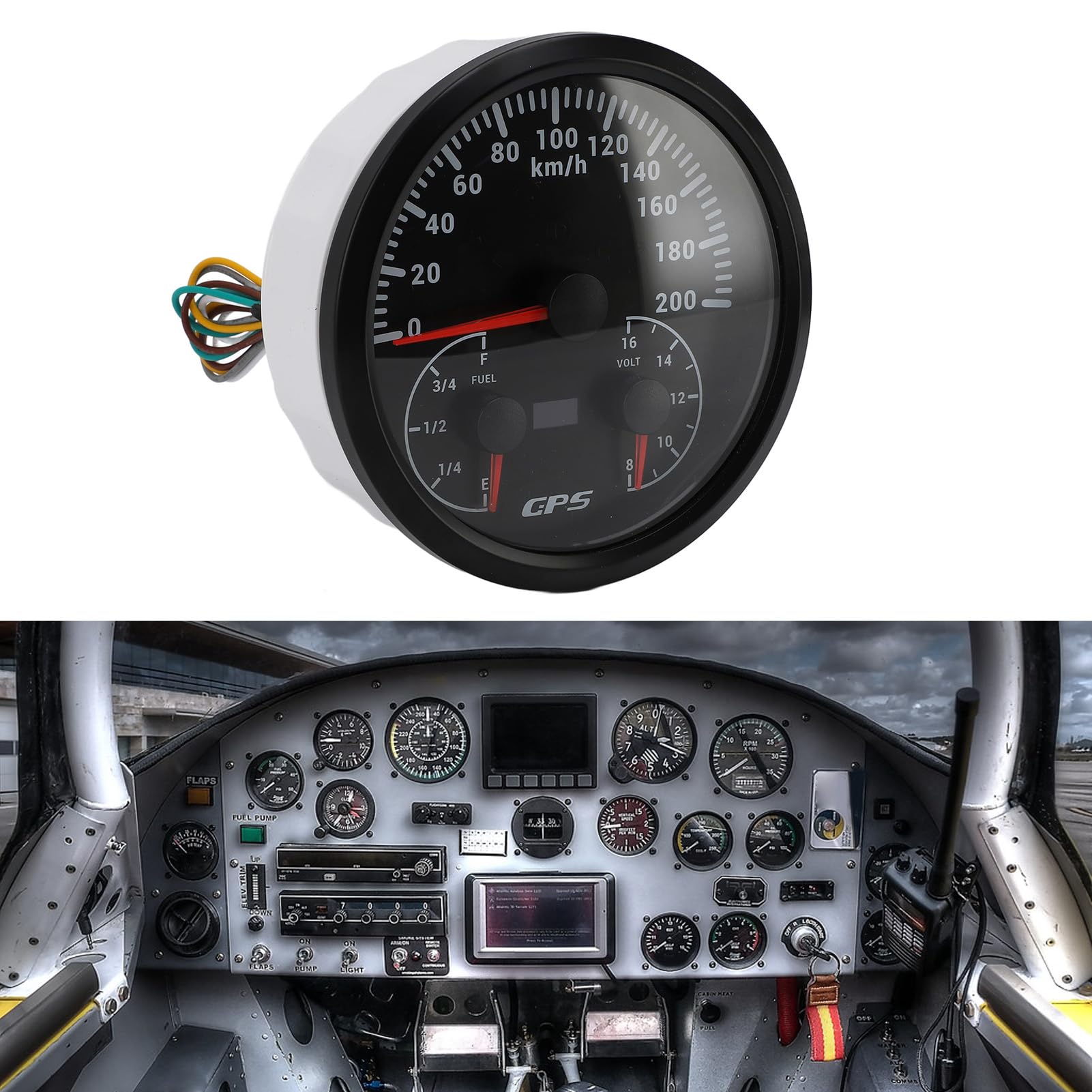 aqxreight 4.331 in 4-3/8 Pulgadas 3 en 1 Velocímetro GPS Odómetro con Voltímetro Indicador de Nivel de Señal de 200 KM/H para RV Yate Camión Retroiluminación Roja Esfera Negra Bisel Plateado