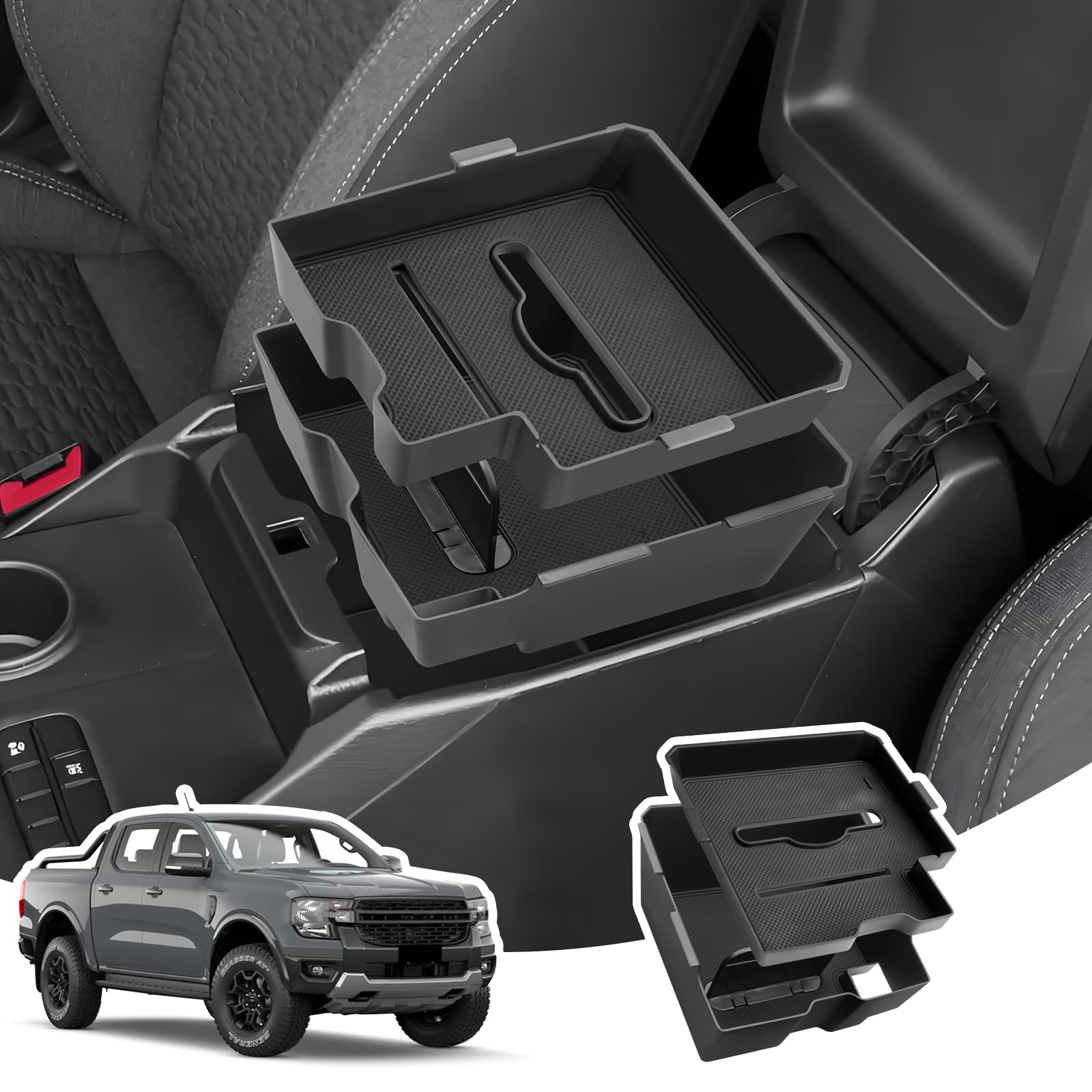 2Pcs Apoyabrazos Organizador para Ford Ranger T9 2023-2026, Caja Almacenamiento Consola Central con Alfombrillas, Bandeja de Reposabrazos para Ford Ranger Raptor Wildtrak (Freno Electrónico)