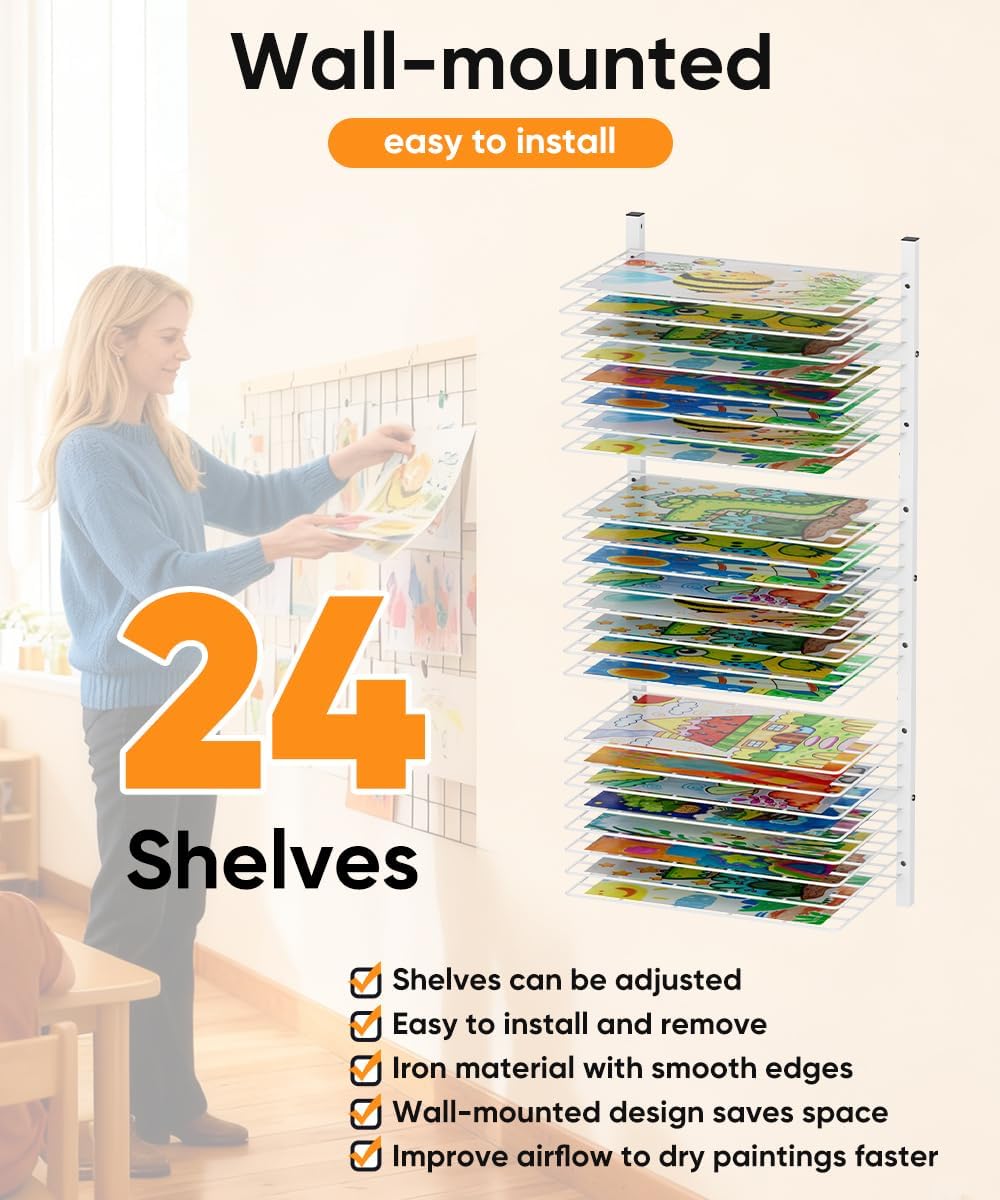 mocomax Wall Mount Art Drying Rack, 24 Removable Shelves Metal Paint Drying Rack, Space-Saving Artwork Paper Storage Holder Organizer for Classrooms, Art Studios, Schools, Galleries, White