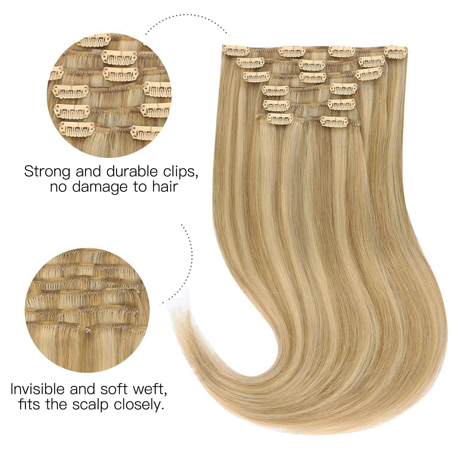 HOTBANANA Extension Capelli Veri Clip, (Tono grigio) Biondo Chiaro Evidenziato Biondo Dorato Extension Clip Capelli Veri 35cm 7pcs Remy Umani Naturali Capelli Extensions 120g