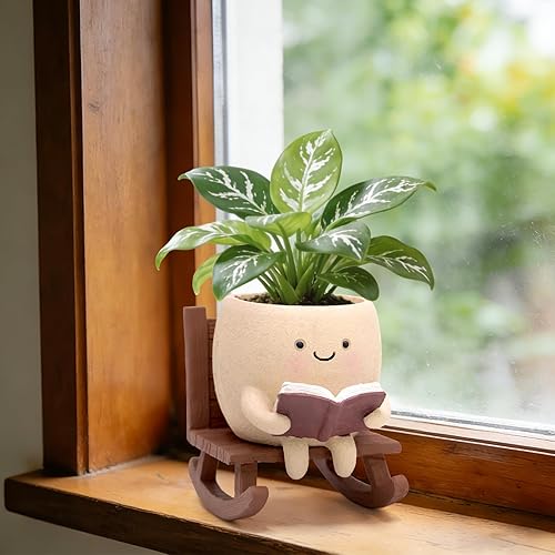 Rocking Chair Book Planter, Cute Smiley Face Succulent Plant Pots