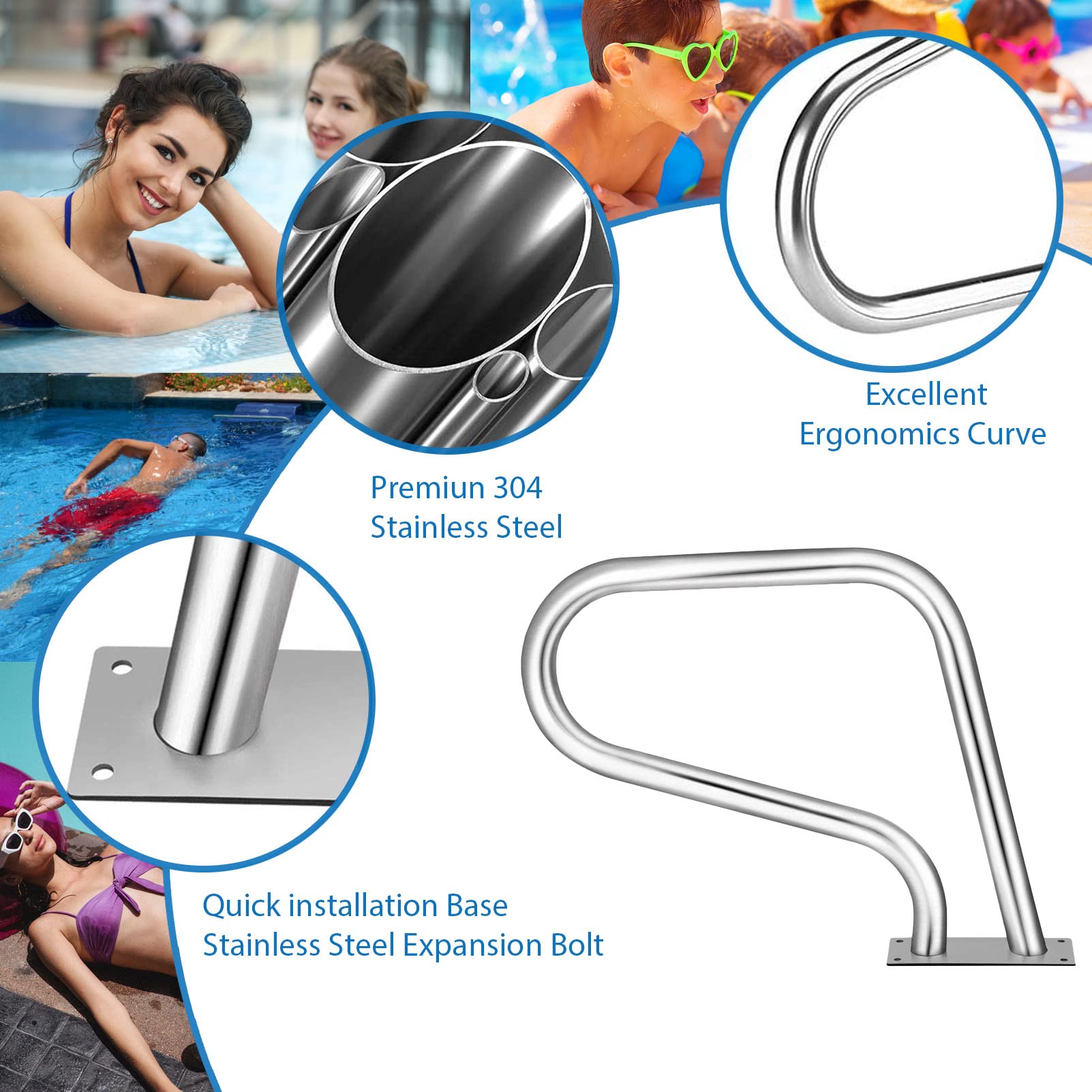 Rampe de piscine pour piscine creusée Capacité de charge de 113 kg Rampe de piscine antirouille avec couvercle bleu Vis autotaraudeuses