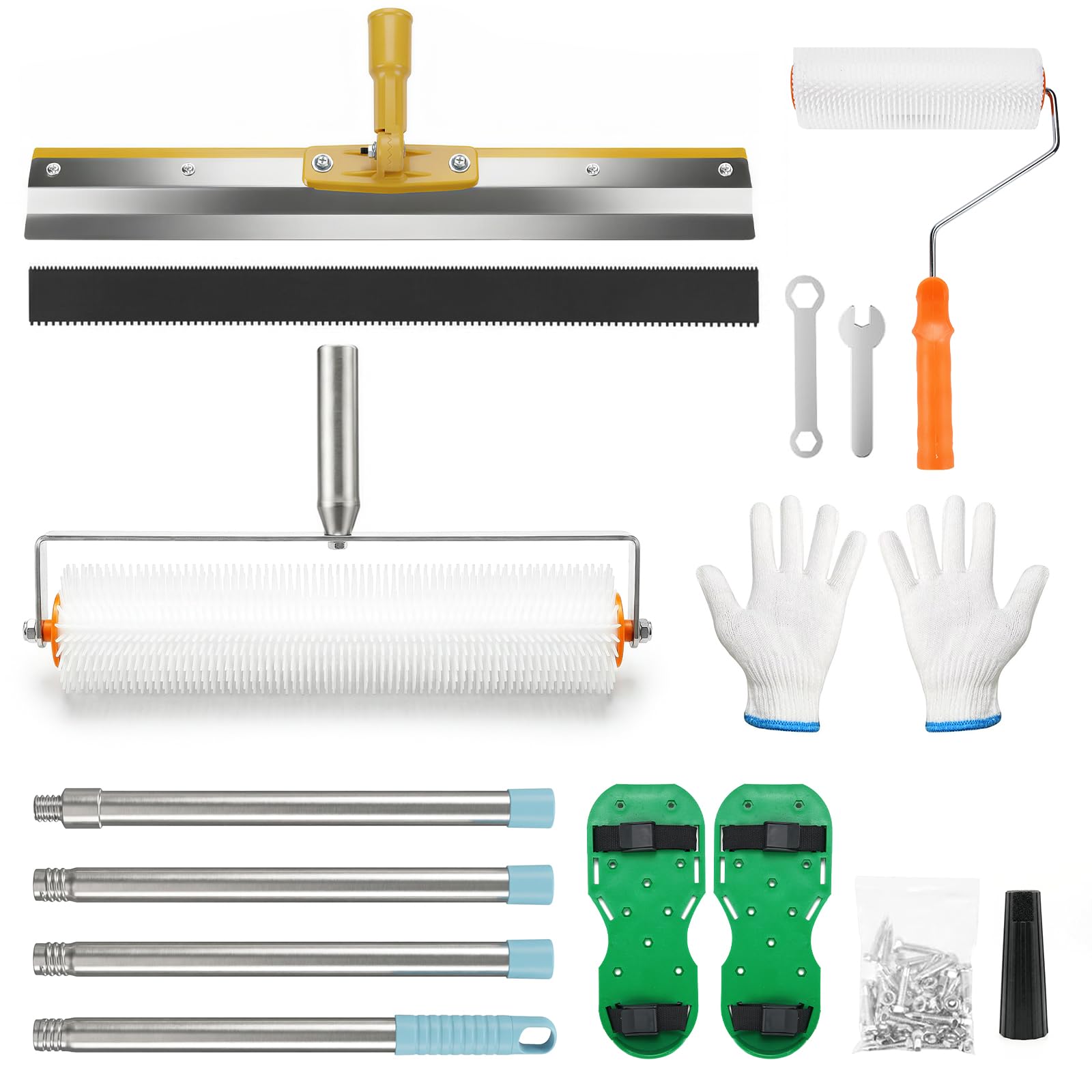 Kit de nivellement à picots, peinture pour sols, rouleaux aérateurs doubles (deux tailles), spatule, manche télescopique, gants de protection, compensateur pour rouleau à picots