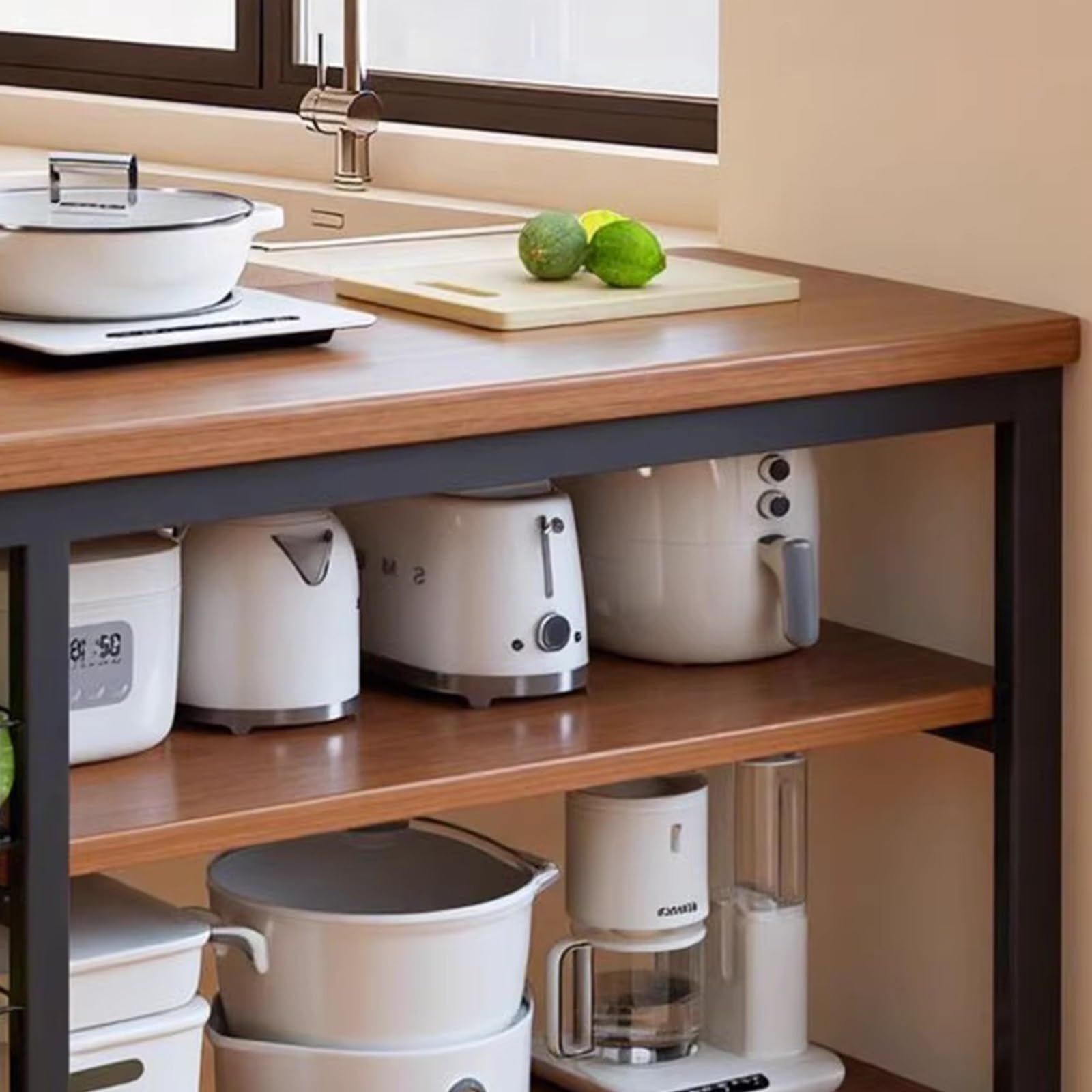 Rolling Kitchen Island Koszyk z drewnianym blatem, metalowy, druciany, mały wózek Sto do jadalni, gotowania i przygotowywania jedzenia, futra kuchennego