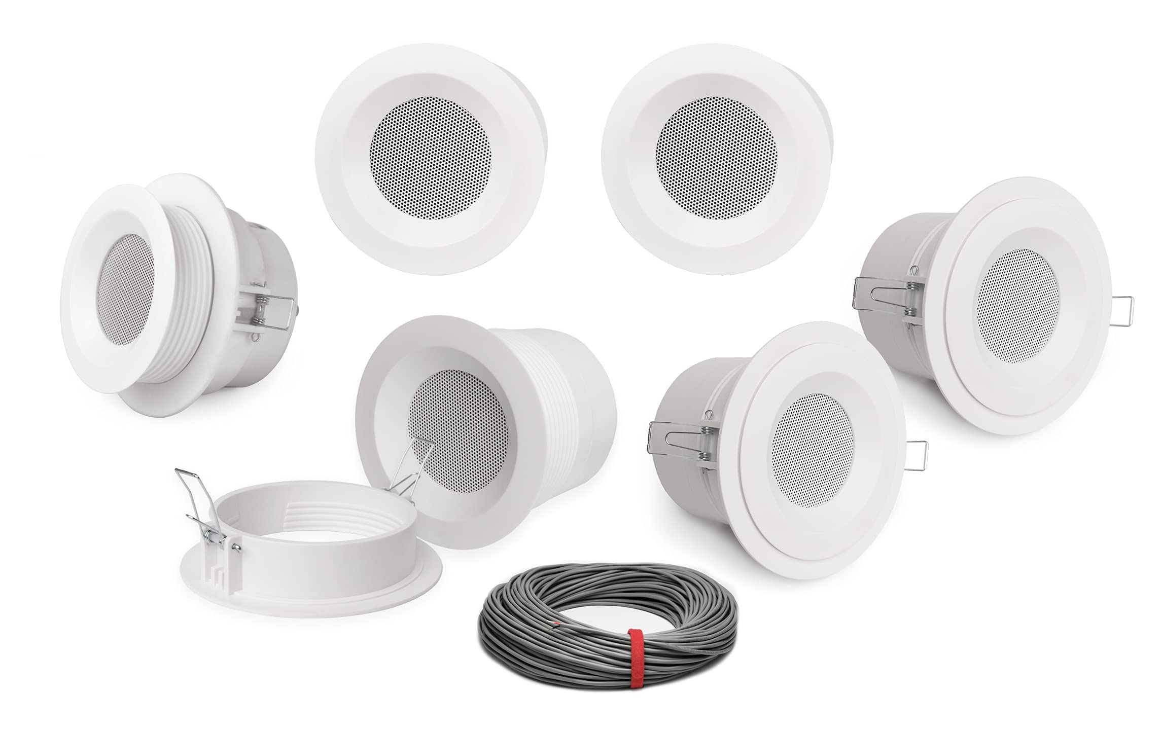 Pure Resonance Audio 3 Inch 70 Volt Drywall Mount Speaker Bundle with Installation Wire - Contractor Pack (6 Speakers)