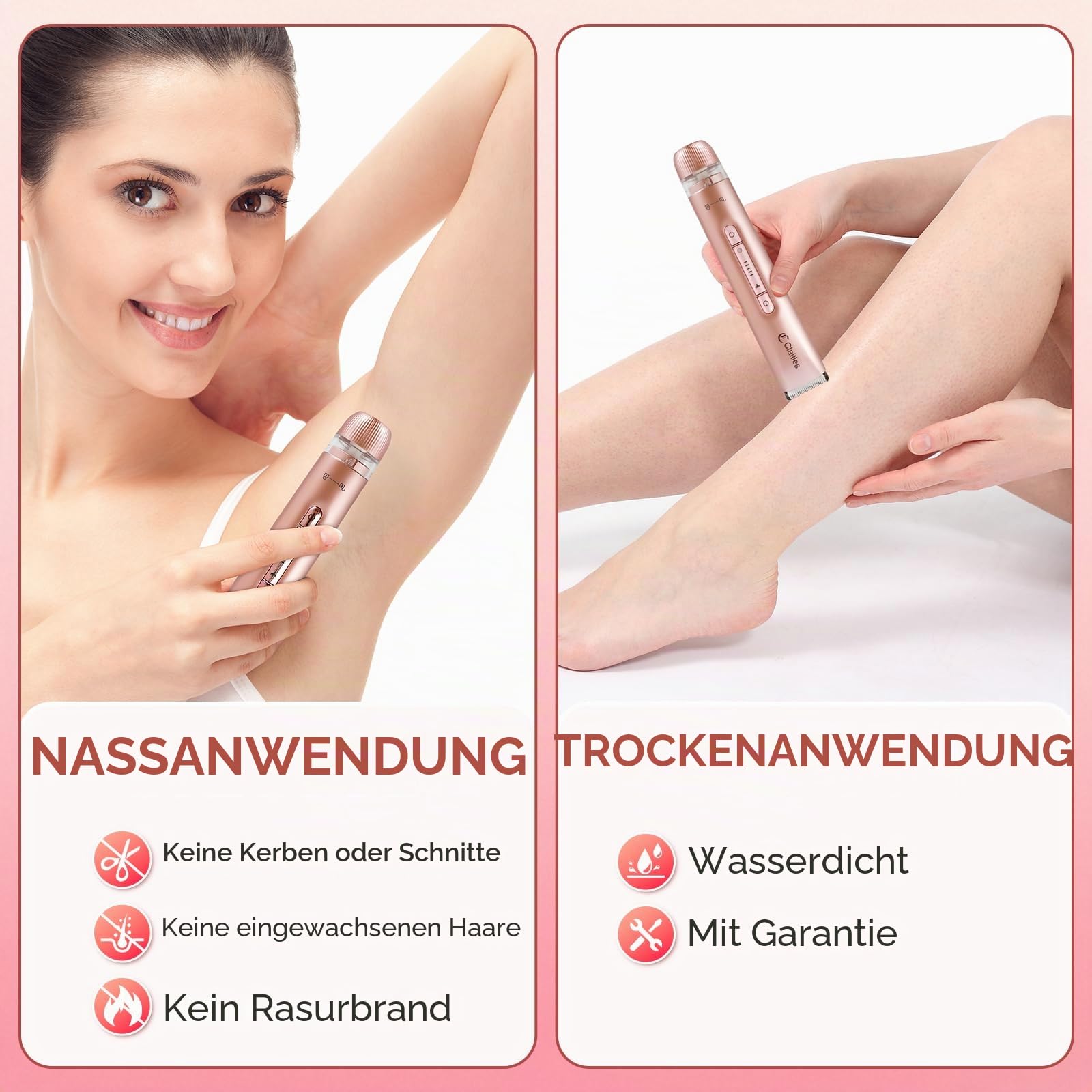 2-in-1 Damen-Bikini-Trimmer mit zwei Kopfen, IPX7, wasserdicht, Nass- und Trockenanwendung, Körperhaarschneider und Gesichtshaarentferner für Bikini, Achselhöhlen, Beine, Arme, Körper, Gesicht