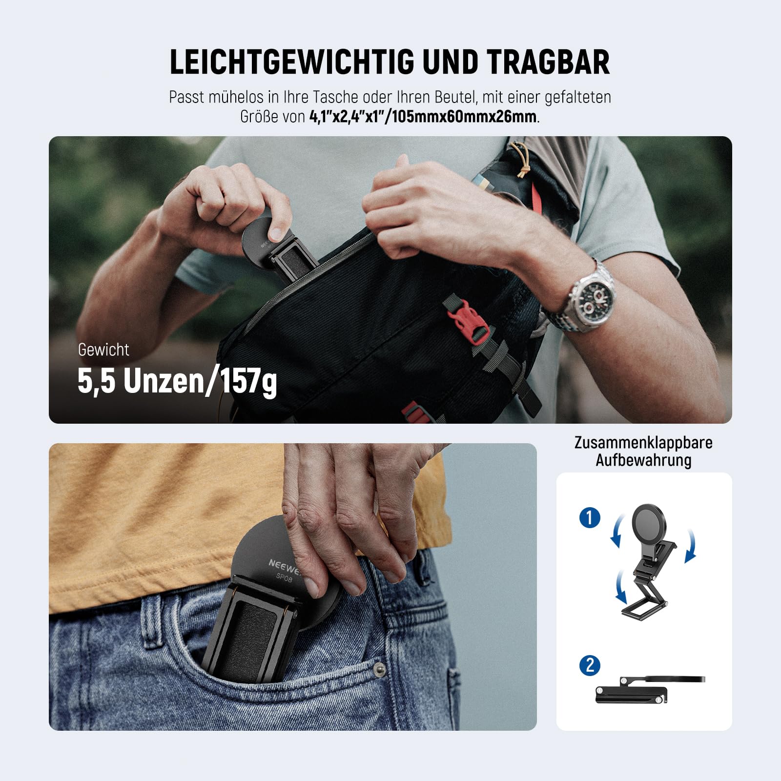 NEEWER Continuity Camera Mount für Tisch Monitor, magnetische dreifach Faltbare Handy Kamera Webcam Halterung mit Arca Typ Basis, kompatibel mit MagSafe iPhone iMac Tisch Mac Laptop Samsung, SP08
