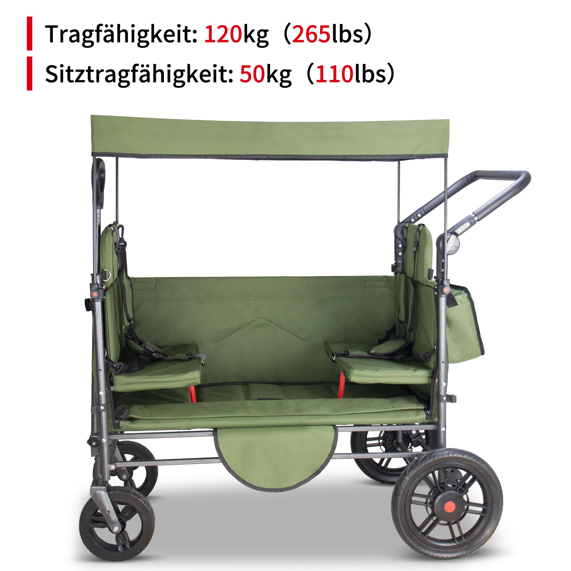 TMZ Faltbarer Bollerwagen mit Seitliche Öffnungsfunktion, Faltbarer Transportwagen mit 2 Sitzen, Handwagen mit Schiebegriff und Bremsen für Outdoor, Camping (Grün)