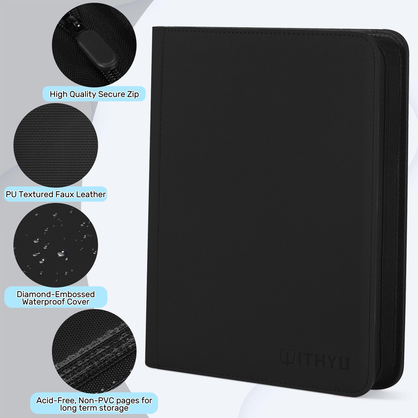 WITHYU Album da Collezione per Carte 12 Tasche, Capacità 720 Carte, Impermeabile, con Chiusura Lampo, per TCG, Calcio e Carte da Collezione, Portatile (Nero)