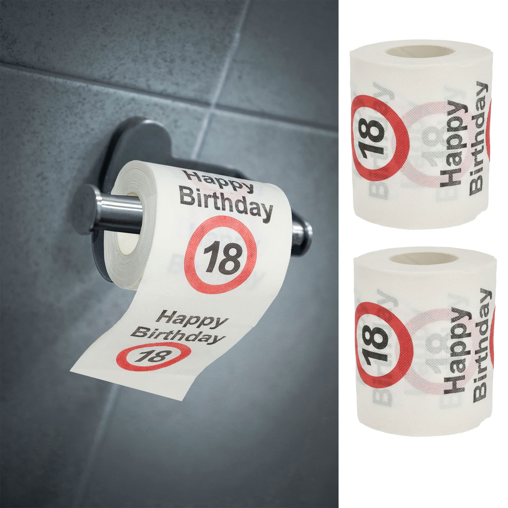 Papier Toaletowy 'Happy Birthday18' │ Zestaw 2 Szt. Na 18. Urodziny │ 24 Metry, 2-Warstwowy, 180 gr/m2 │ Z Motywem (2 x Rolka)