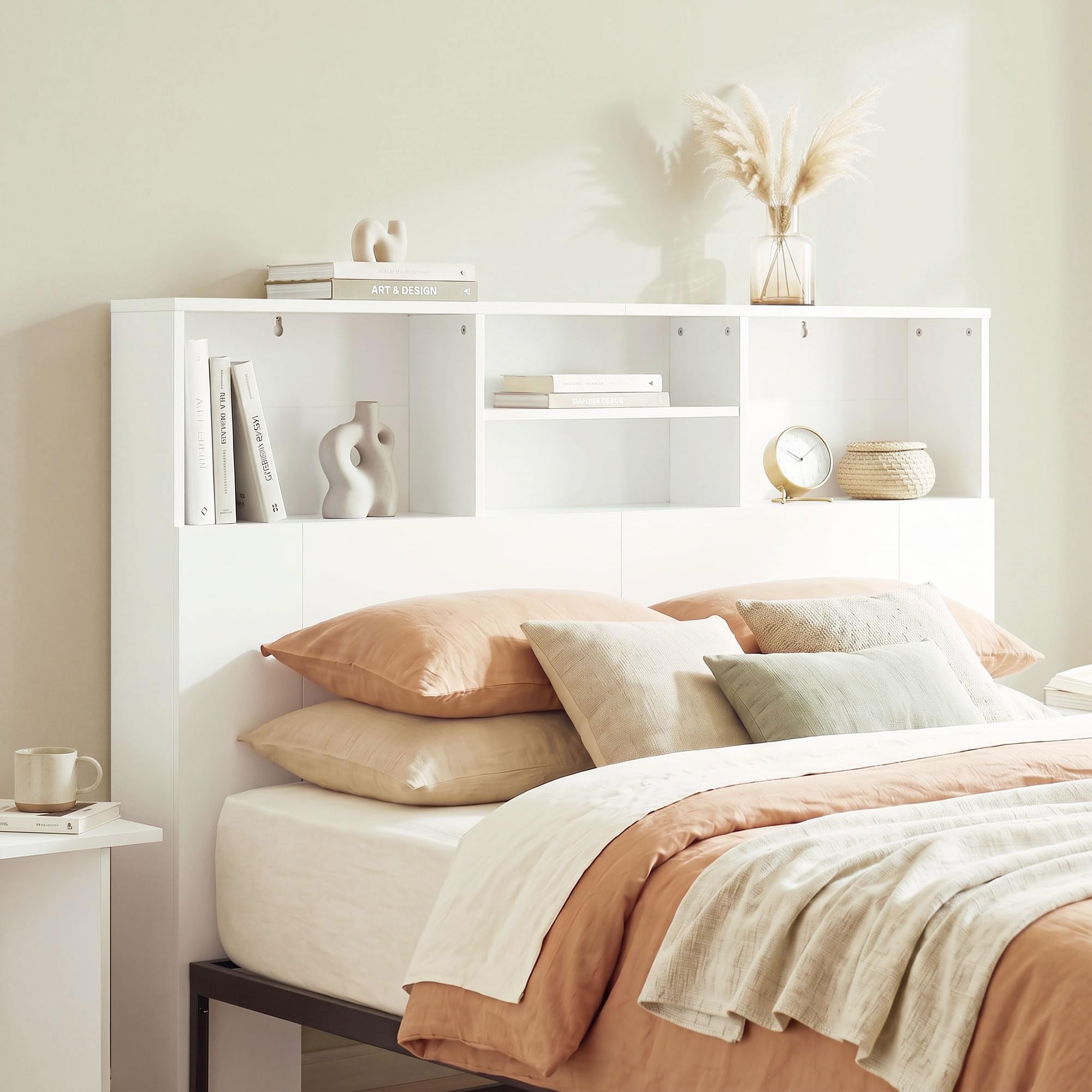 HOMCOM Cabecero de Cama 140 cm con Almacenaje, Cabezal de Cama con 4 Compartimentos Abiertos, Cabecero Moderno para Dormitorio, Blanco