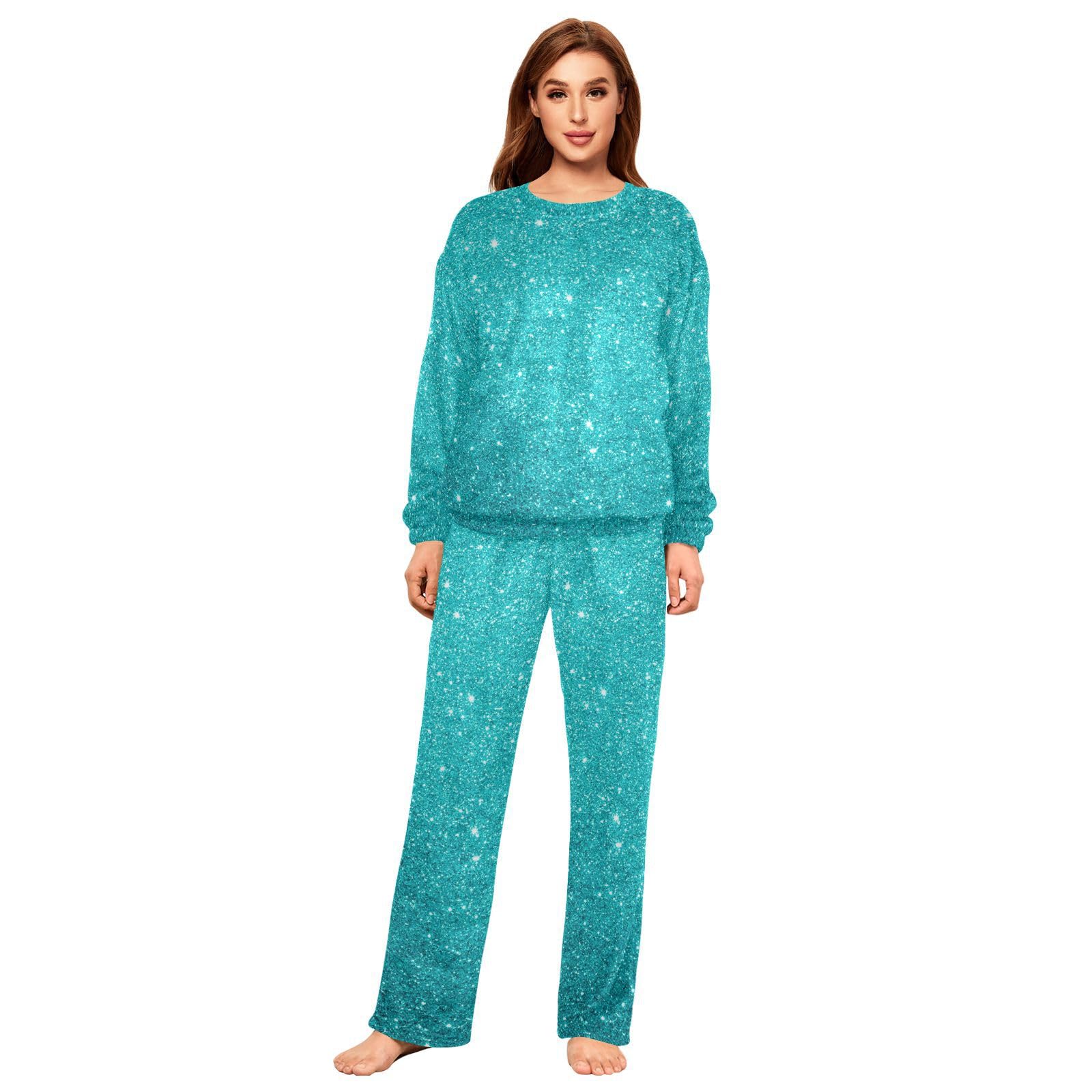 PJ Set pigiama da donna in pile morbido con glitter blu stellato e girocollo a maniche lunghe