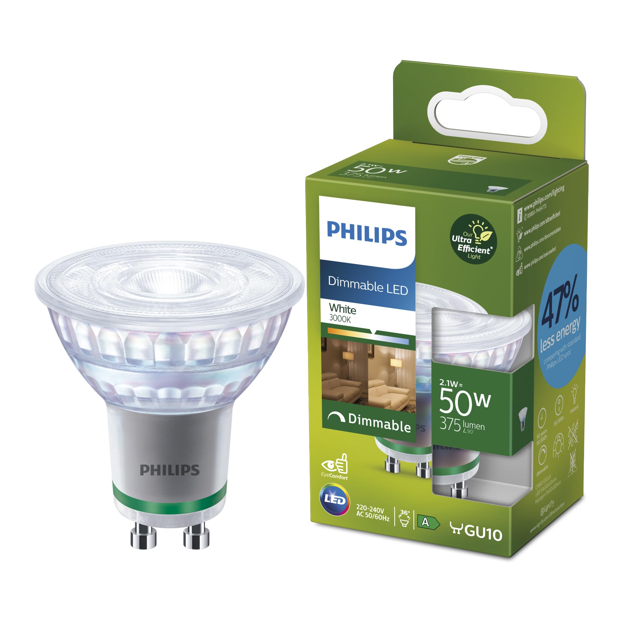 Philips Classic Ultra-efficient LED Bulb with Energy Efficiency Class A, GU10 Bulb, Replaces 50W, Cool White Light, dimmable