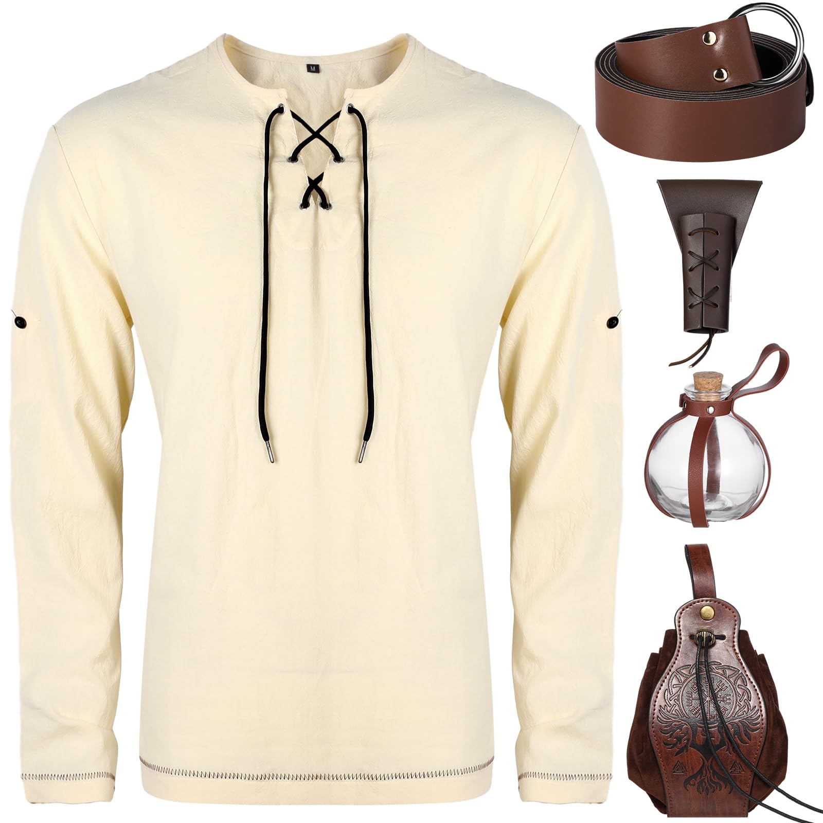 Panitay 5 Pcs Halloween Men's Medieval Knight Costume, Renaissance Shirt Viking Leather Belt Pouch Potion Bottle Sword Frog
