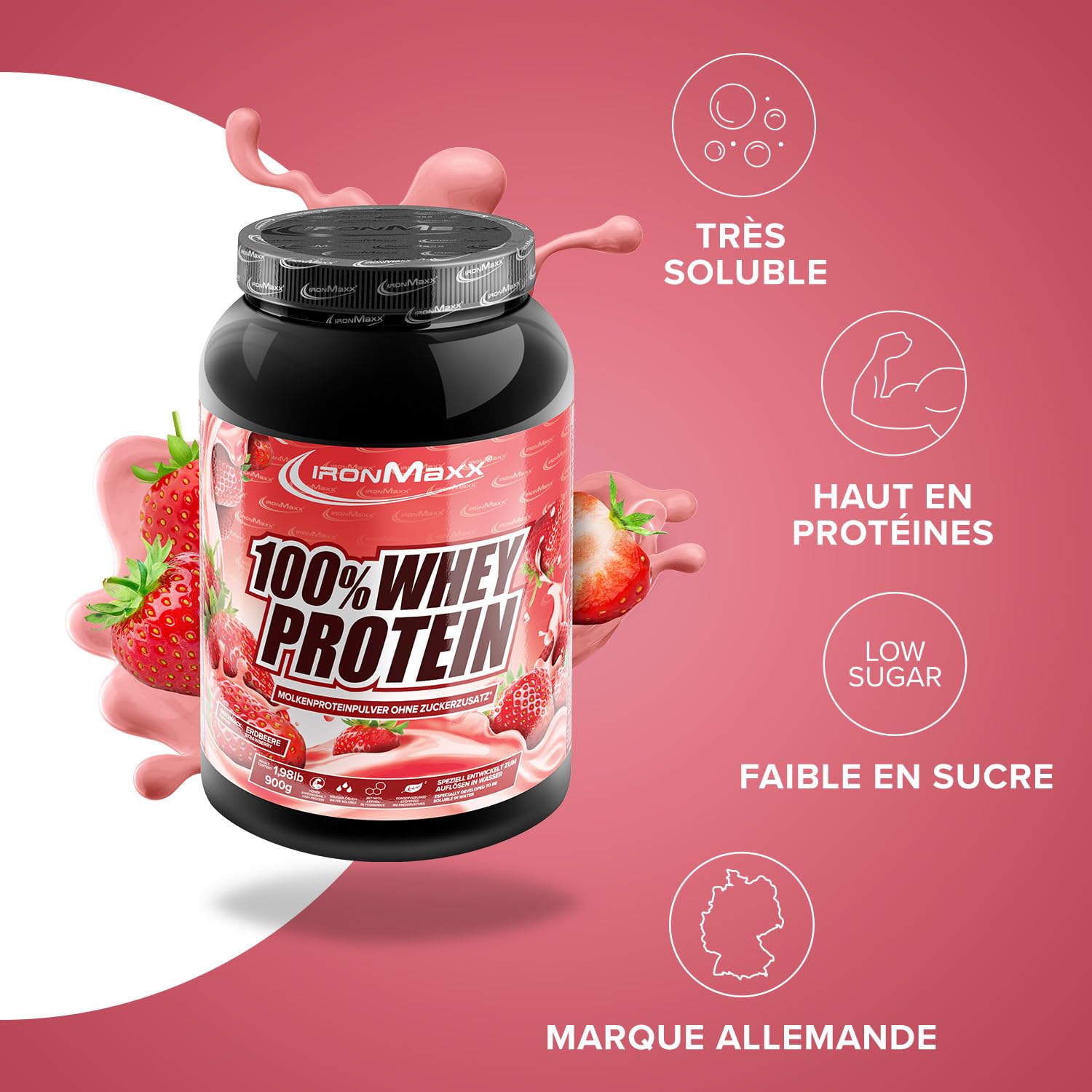 IronMaxx 100% Whey Protein Fraise – Poudre de protéines de lactosérum hydrosoluble | Riche en protéines | Contient naturellement des BCAA | Faible en sucre | Proteine Whey - 900 grammes