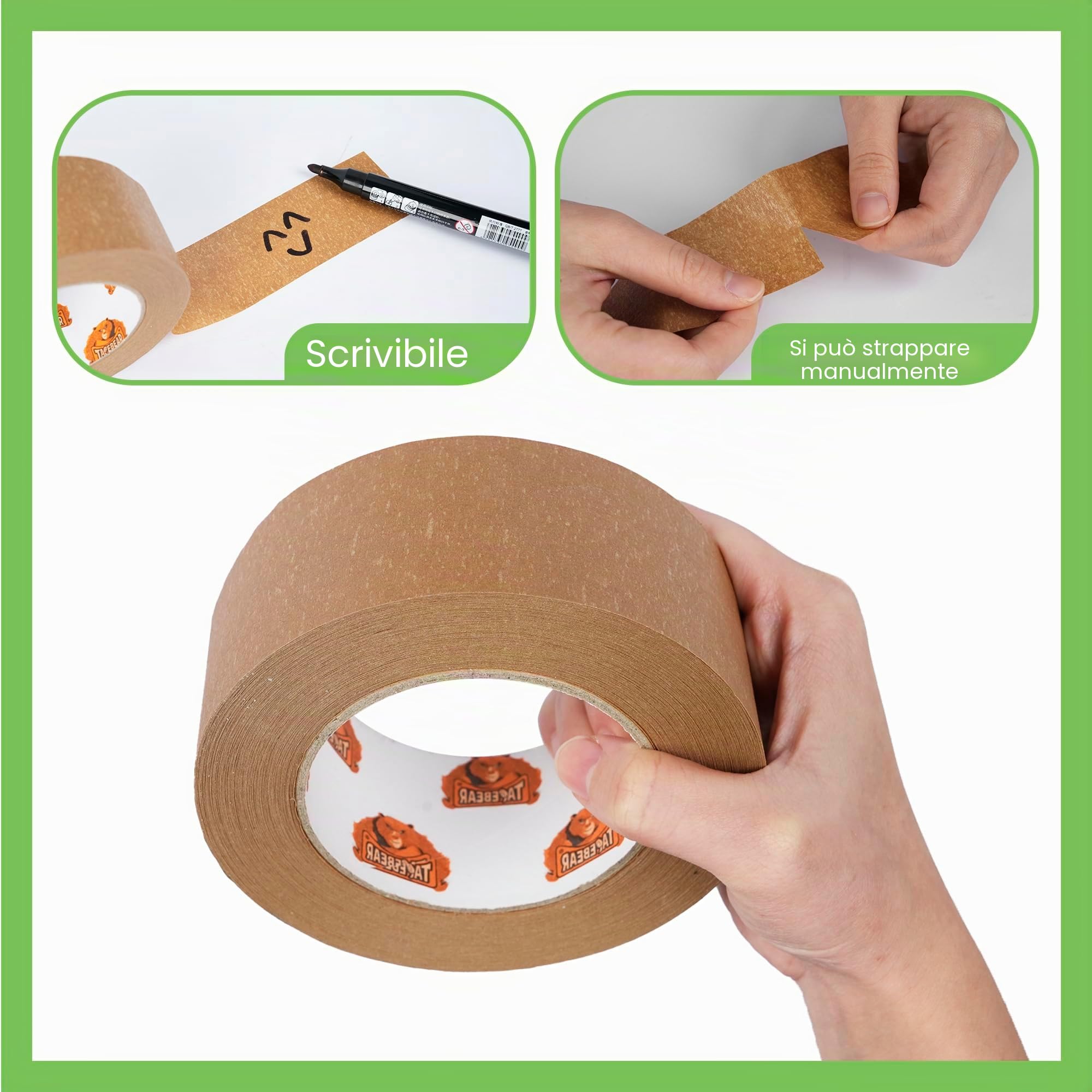 TAPEBEAR Nastro di Carta per Imballaggio 50m x 50mm, 12Rotoli Riciclata Nastro Adesivo Marrone, Ecologico Nastro Adesivo Pacchi per Scatole, Scatoloni e Cartoni, Trasloco e Spedizioni