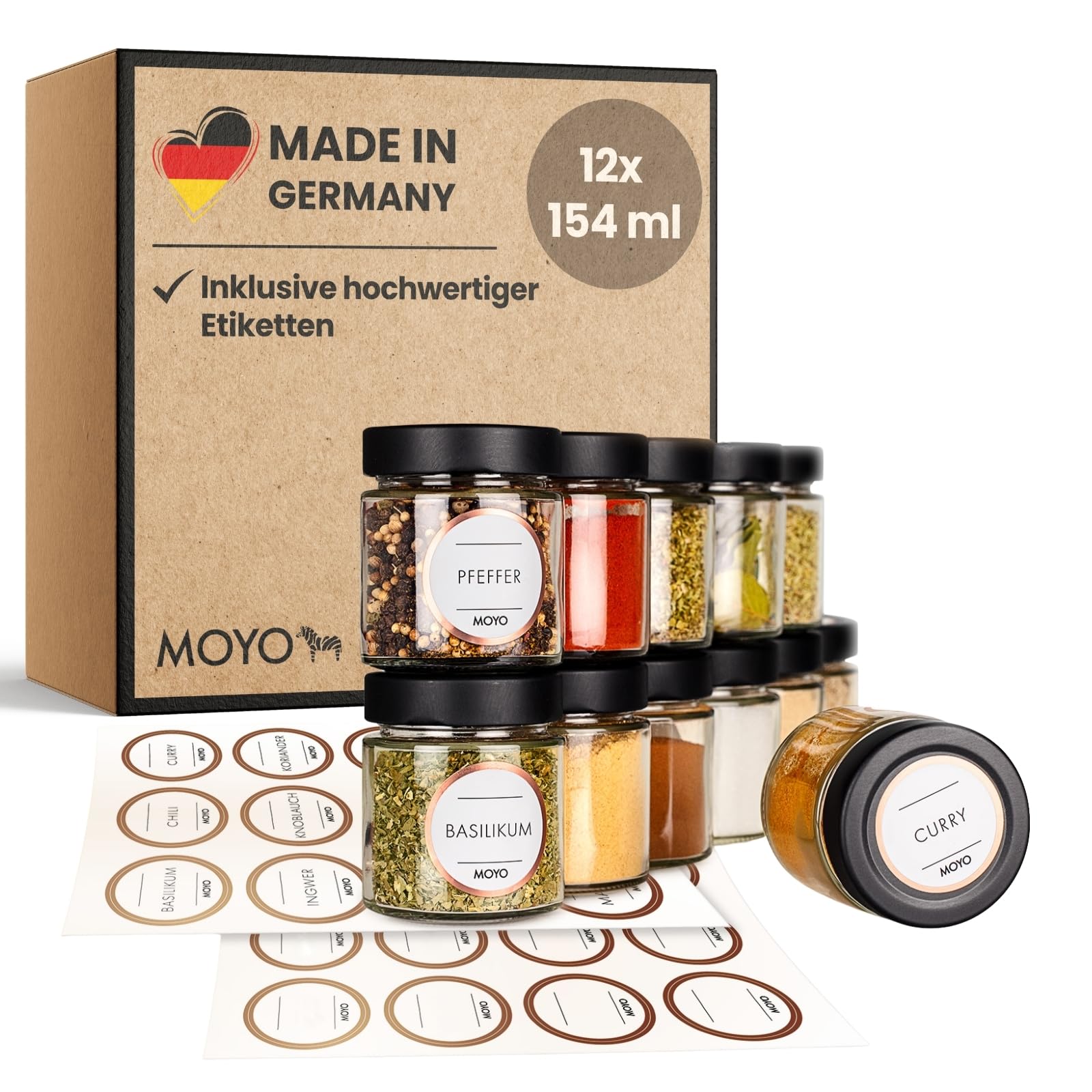 MOYO Gewürzgläser mit Etiketten I 12er Set I hochwertige Gewürze Aufbewahrung 154ml I luftdichtes Gewürzdosen Set I Gewürzaufbewahrung mit Deckel in schwarz I Gewürz Set zur Küchenorganisation