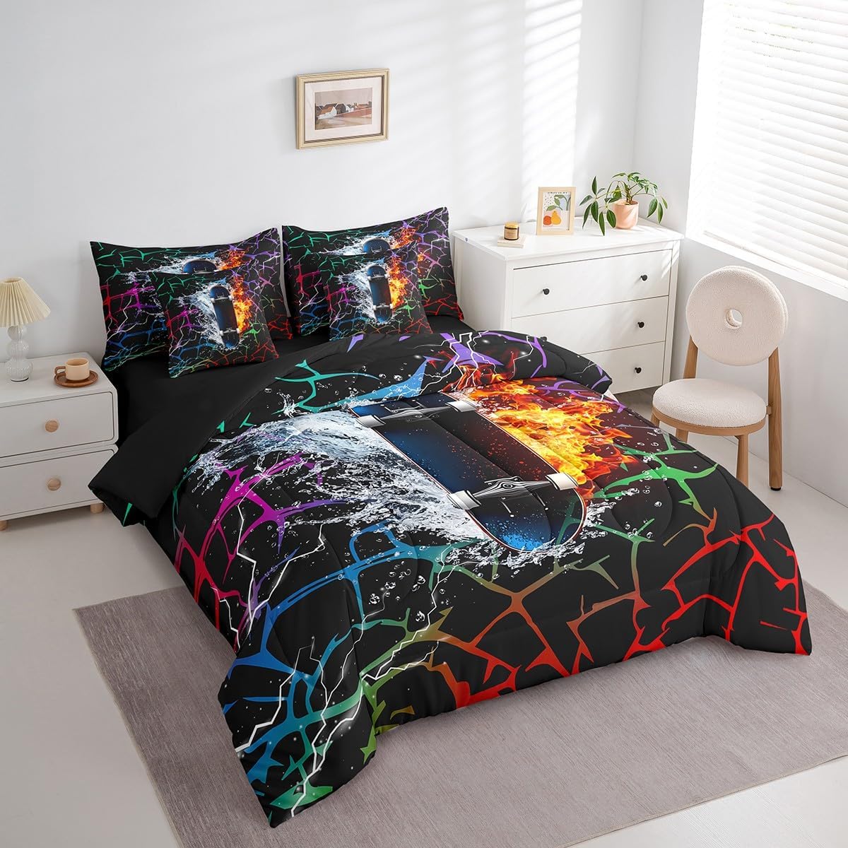 Erosebridal Skateboard Comforter Set with Sheets Twin for Boys Ice Fire Skateboarding Kids Bedding Set Abstract Rainbow Stripes 7 Piece Bed in A Bag,Rainbow Abstract Geometric Stripes Bed Set