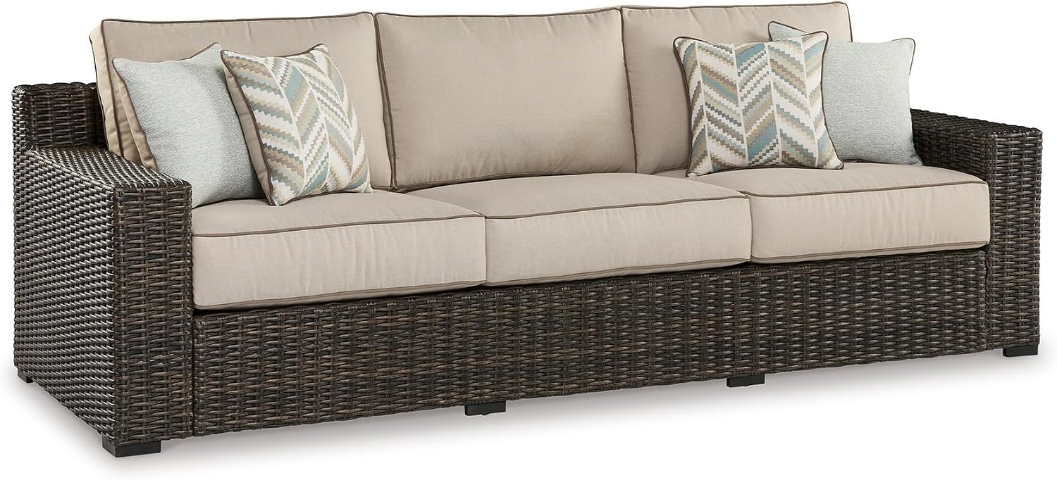 BOWERY HILL Coastal Outdoor Loveseat, Resin Wicker and Rust-Free Aluminum Frame, Brown Finish with Beige Cushions, Weather Resistant, UV Fade Resistant, Includes 2 Throw Pillows, 71 in Wide for Patio